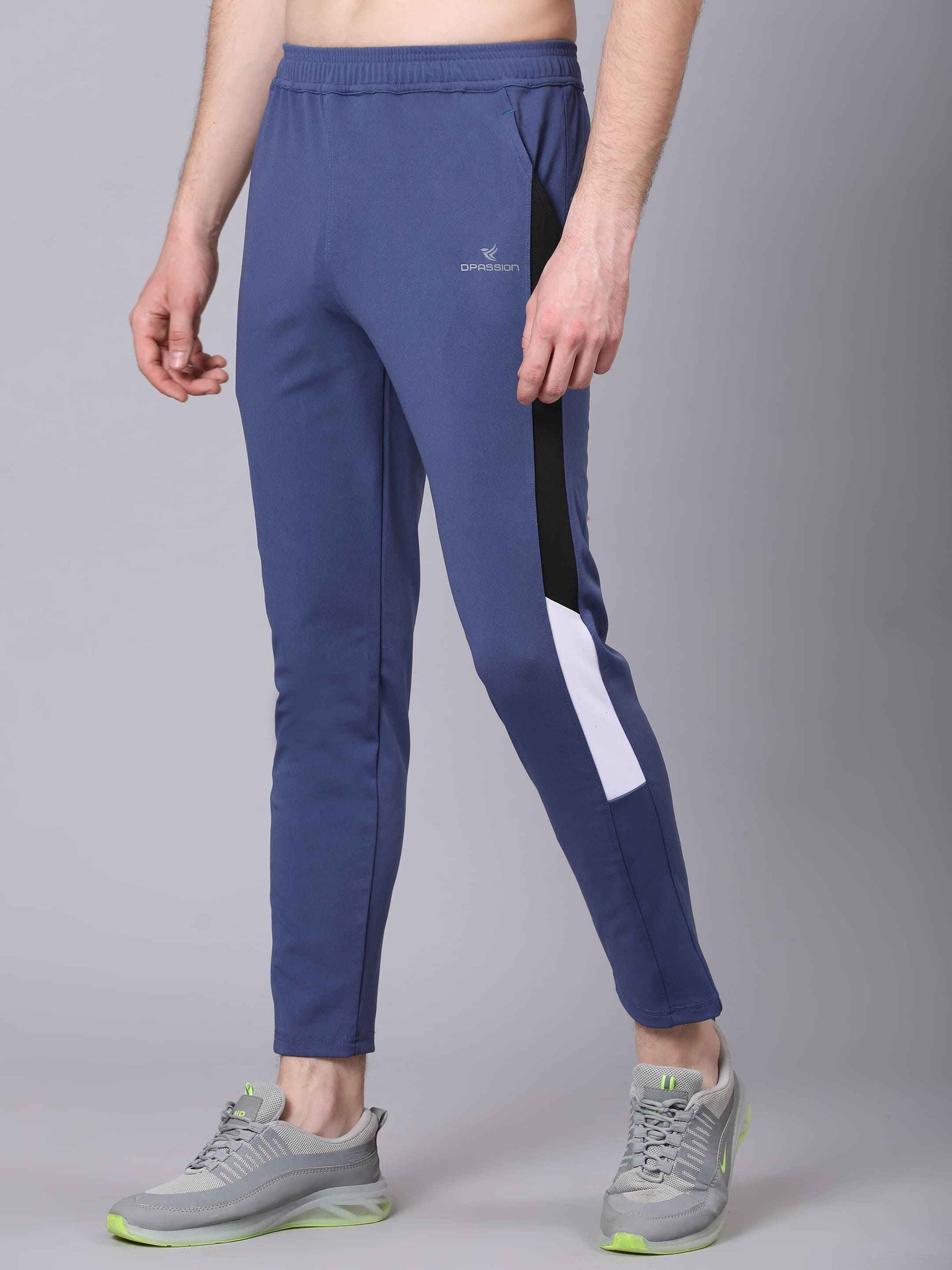 Dpassion Men Blue Slim Fit Training Trackpants | Panel Design Gym Pants | Stretchable Activewear Bottom