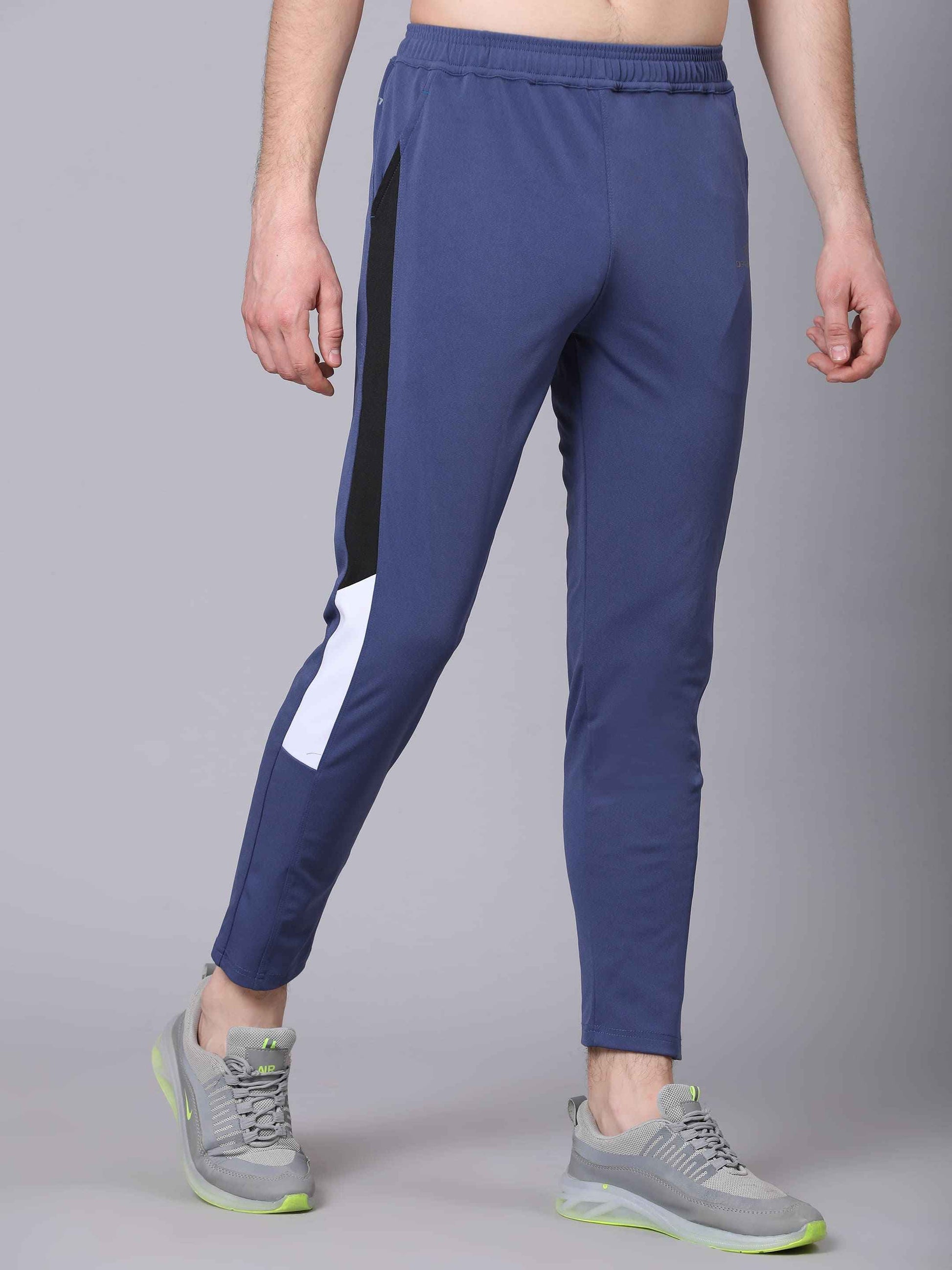 Dpassion Men Blue Slim Fit Training Trackpants | Panel Design Gym Pants | Stretchable Activewear Bottom
