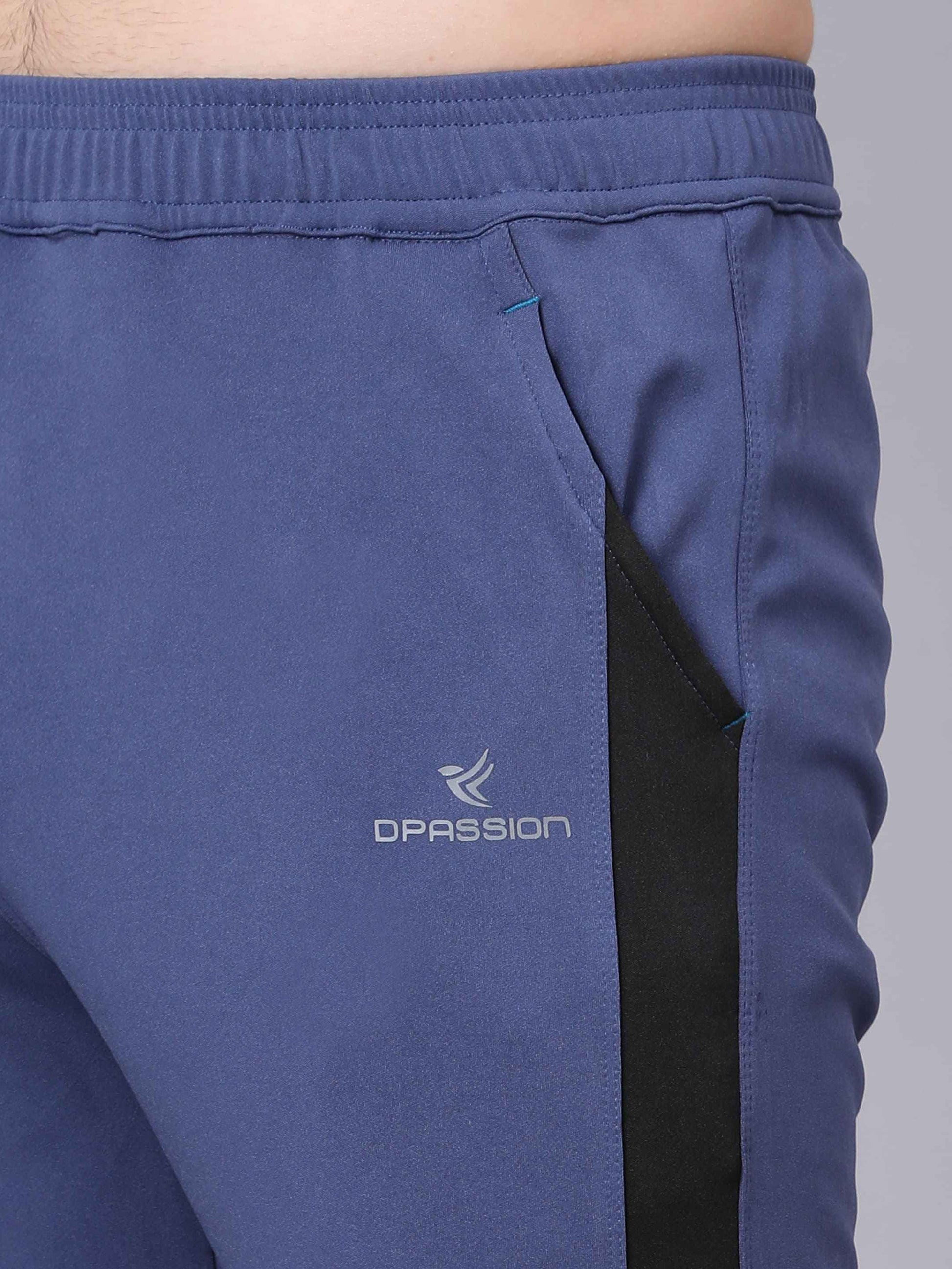 Dpassion Men Blue Slim Fit Training Trackpants | Panel Design Gym Pants | Stretchable Activewear Bottom