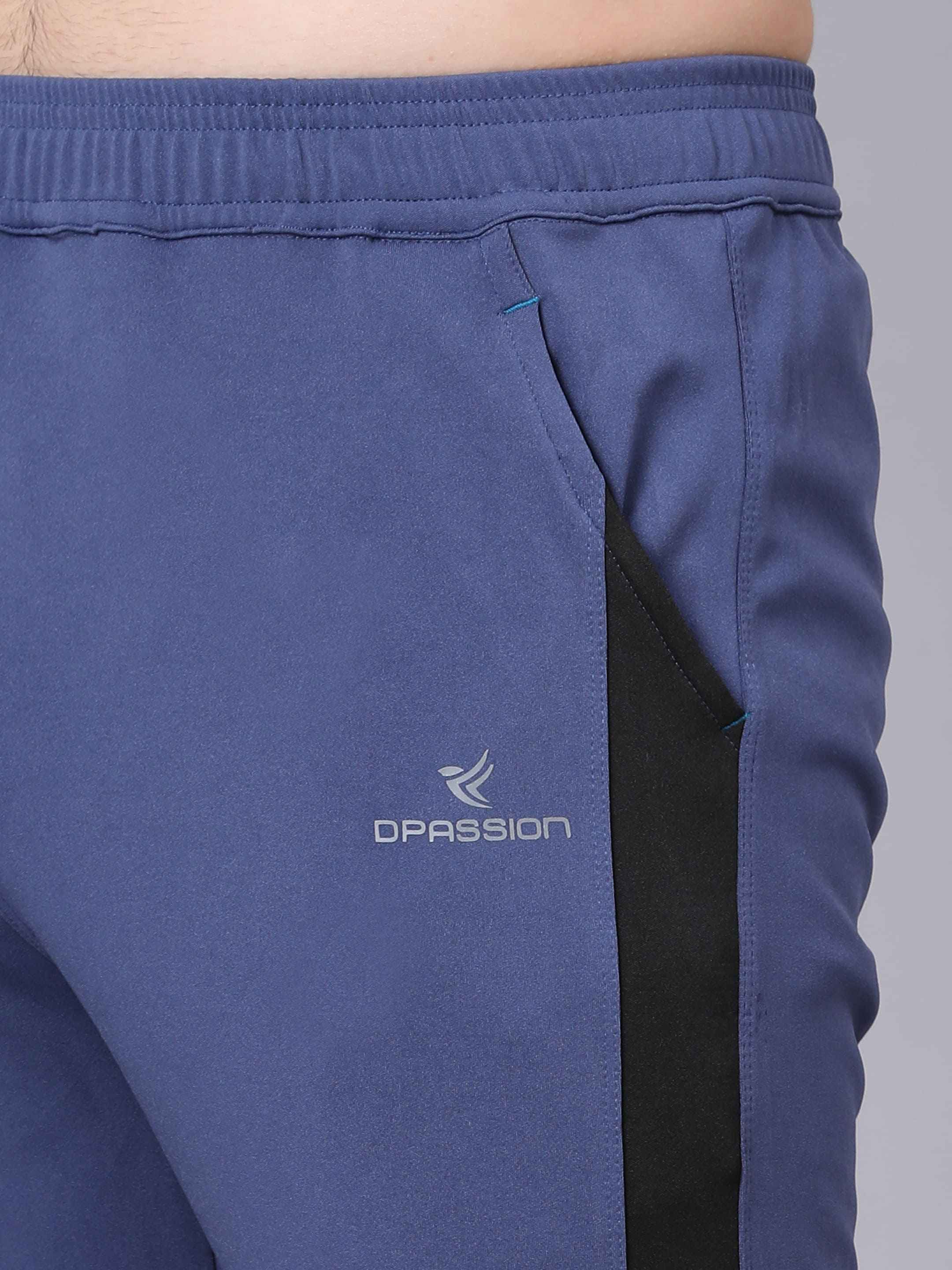 Dpassion Men Blue Slim Fit Training Trackpants | Panel Design Gym Pants | Stretchable Activewear Bottom
