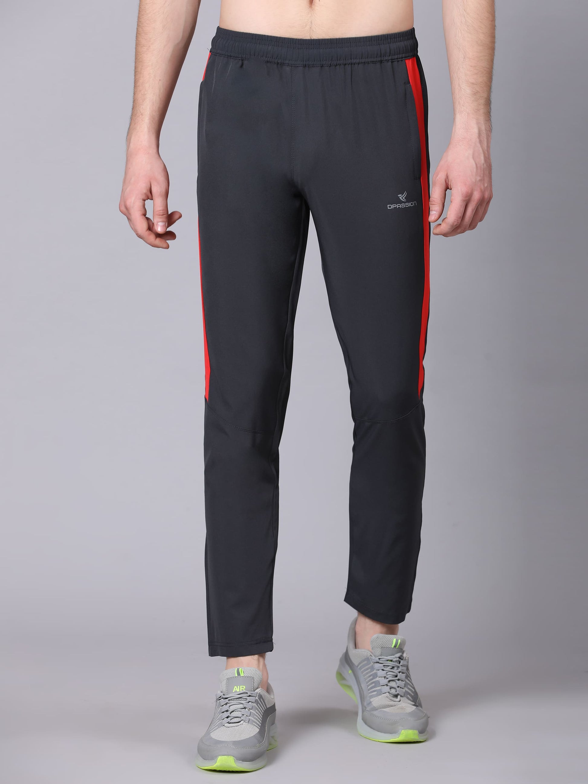 Dpassion Men Slim Fit Black Track Pants with Red Stripe Gym Activewear - Dpassion