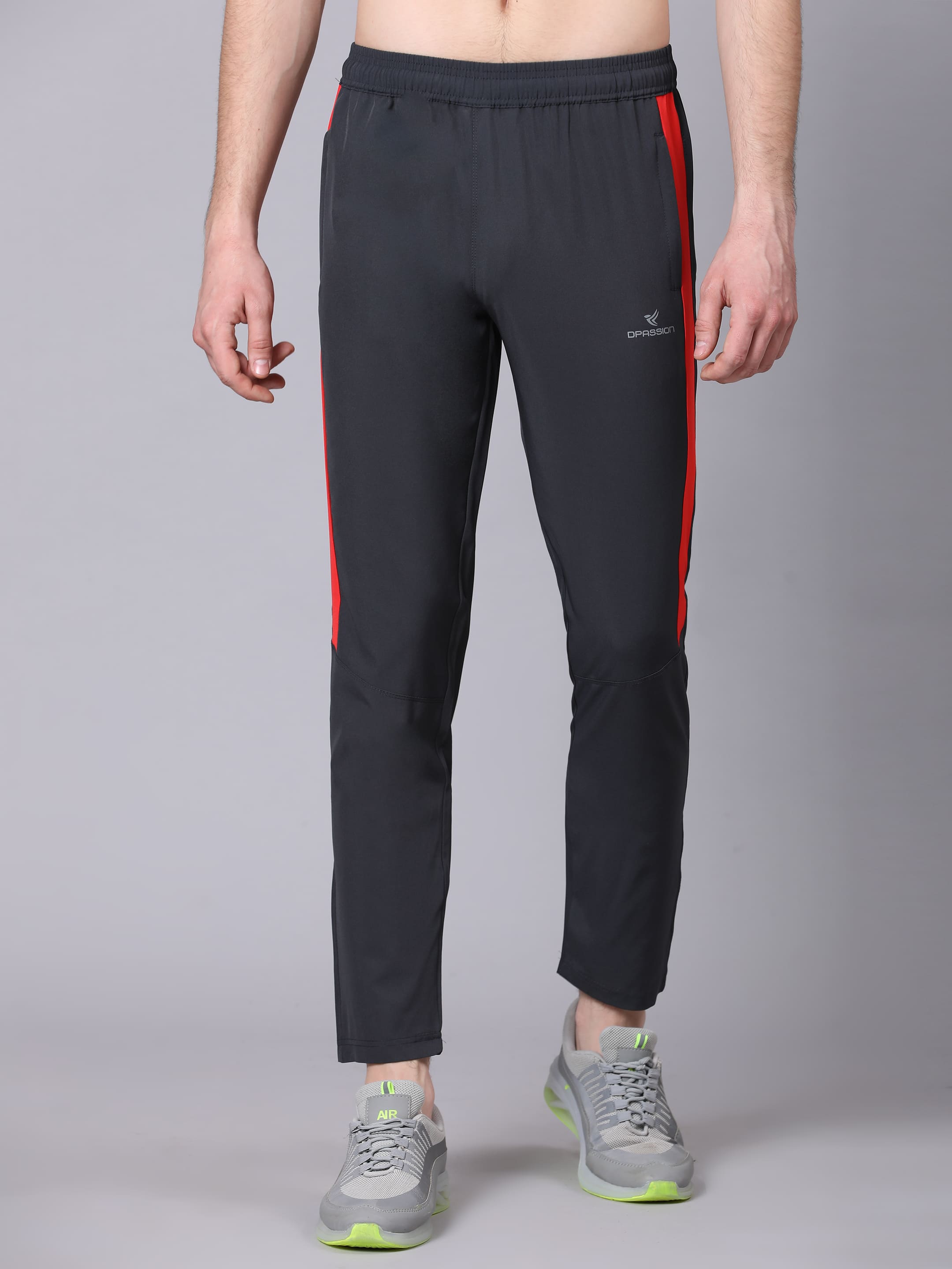 Dpassion Men Slim Fit Black Track Pants with Red Stripe Gym Activewear - Dpassion
