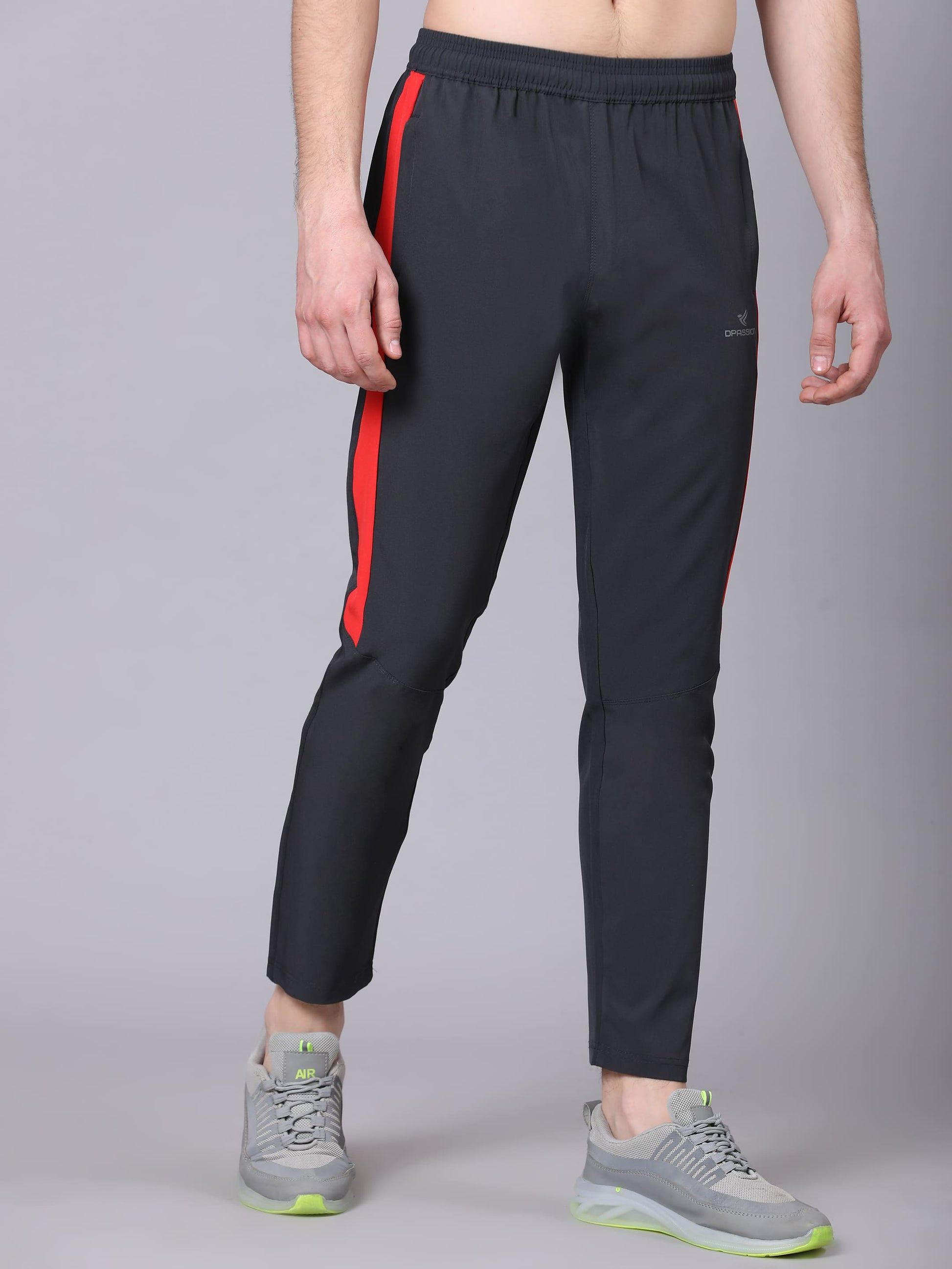 Dpassion Men Slim Fit Black Track Pants with Red Stripe Gym Activewear - Dpassion