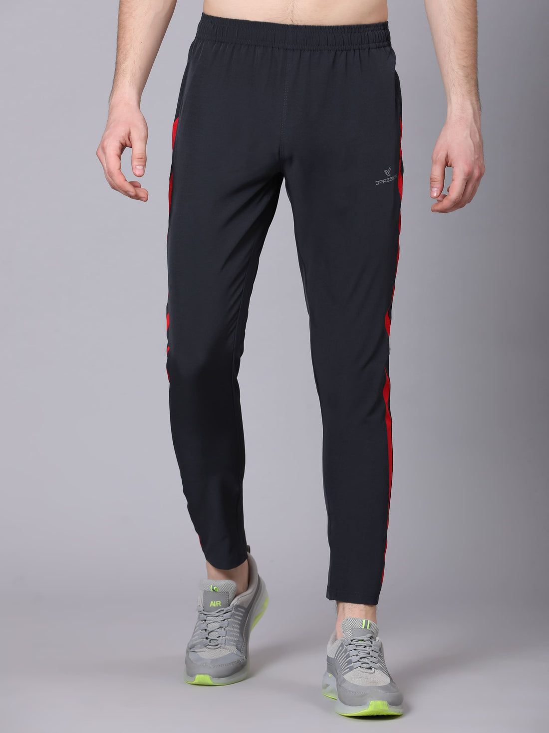Dpassion Men Slim Fit Black Track Pants with Red Side Stripe for Stylish Activewear