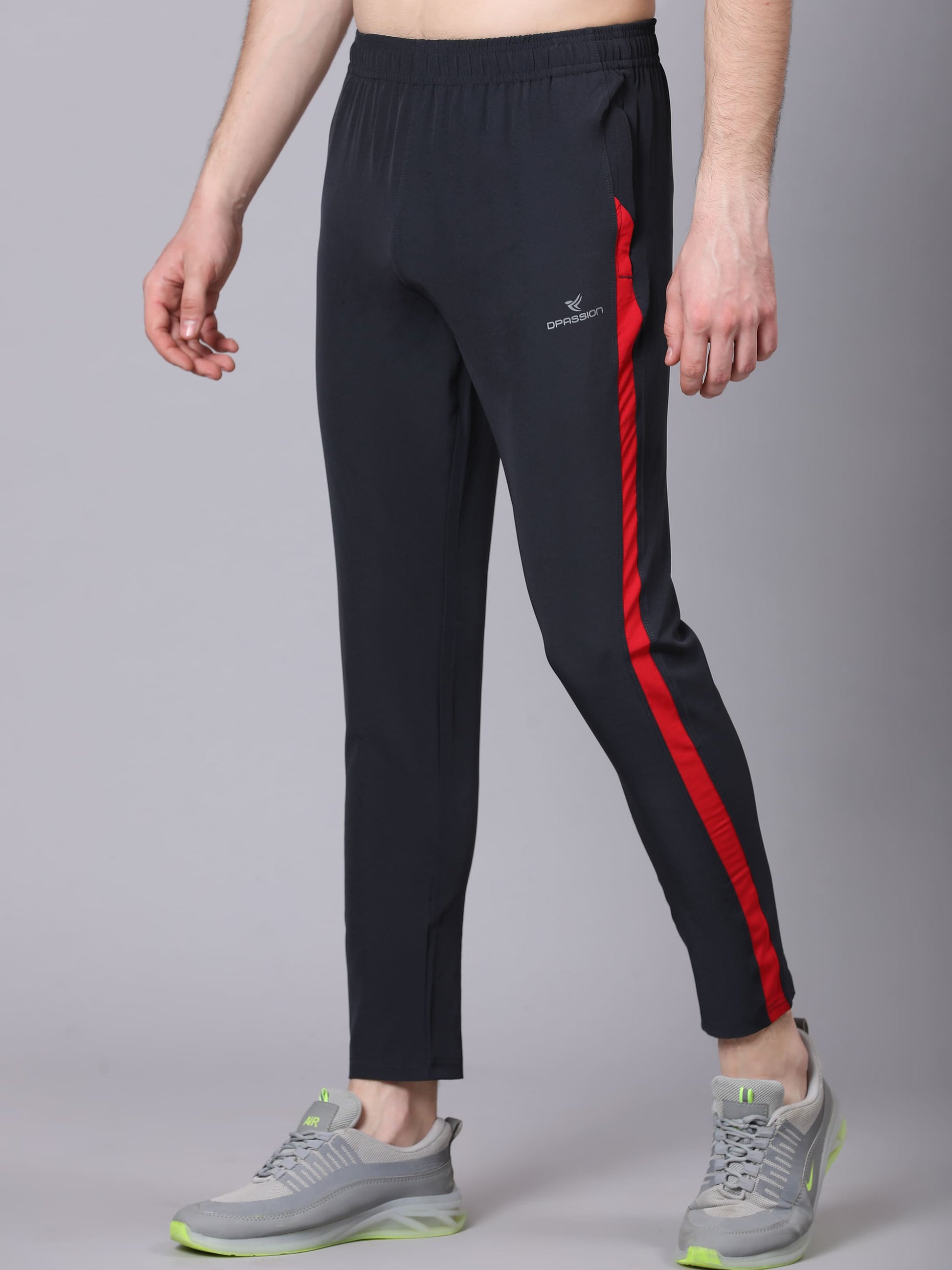 Dpassion Men Slim Fit Black Track Pants with Red Side Stripe Activewear - Dpassion