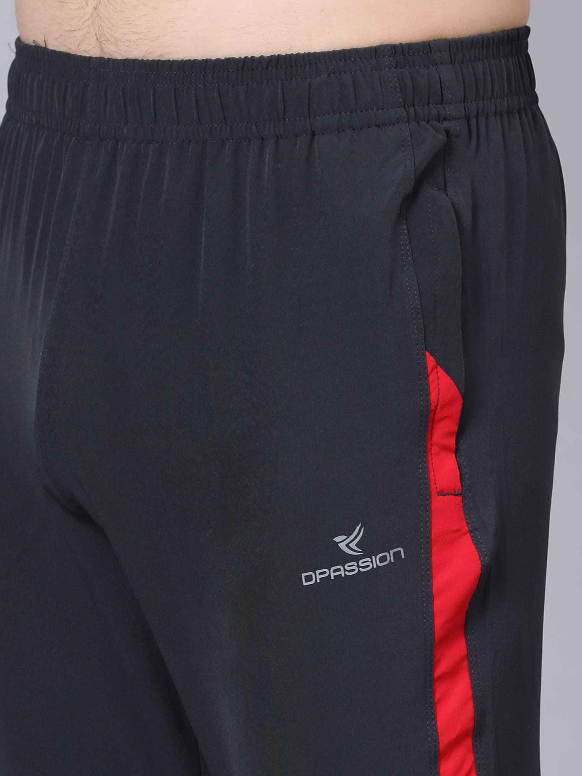 Dpassion Men Slim Fit Black Track Pants with Red Side Stripe for Stylish Activewear