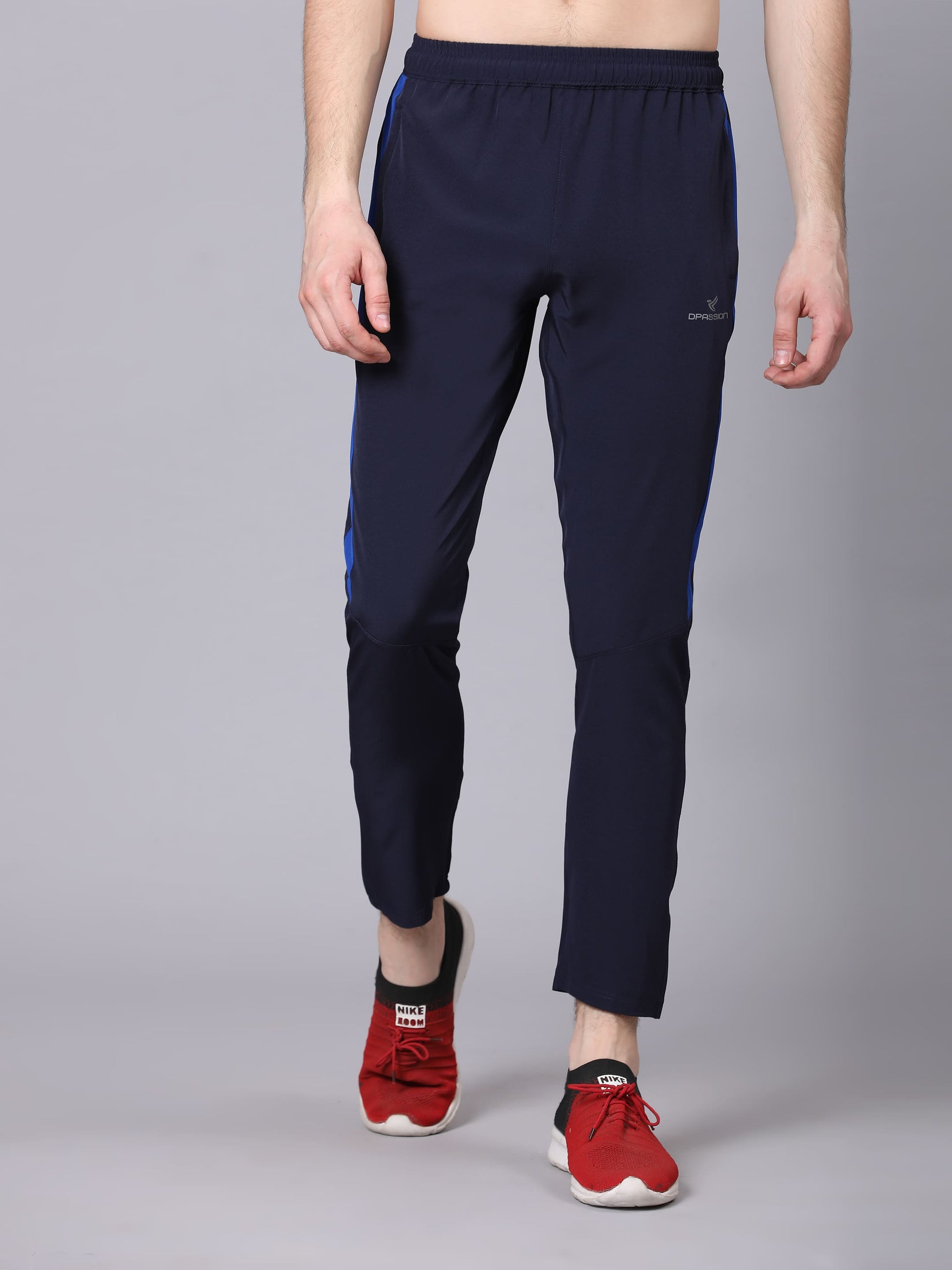Dpassion Men Slim Fit Navy Track Pants with Blue Stripe Activewear - Dpassion