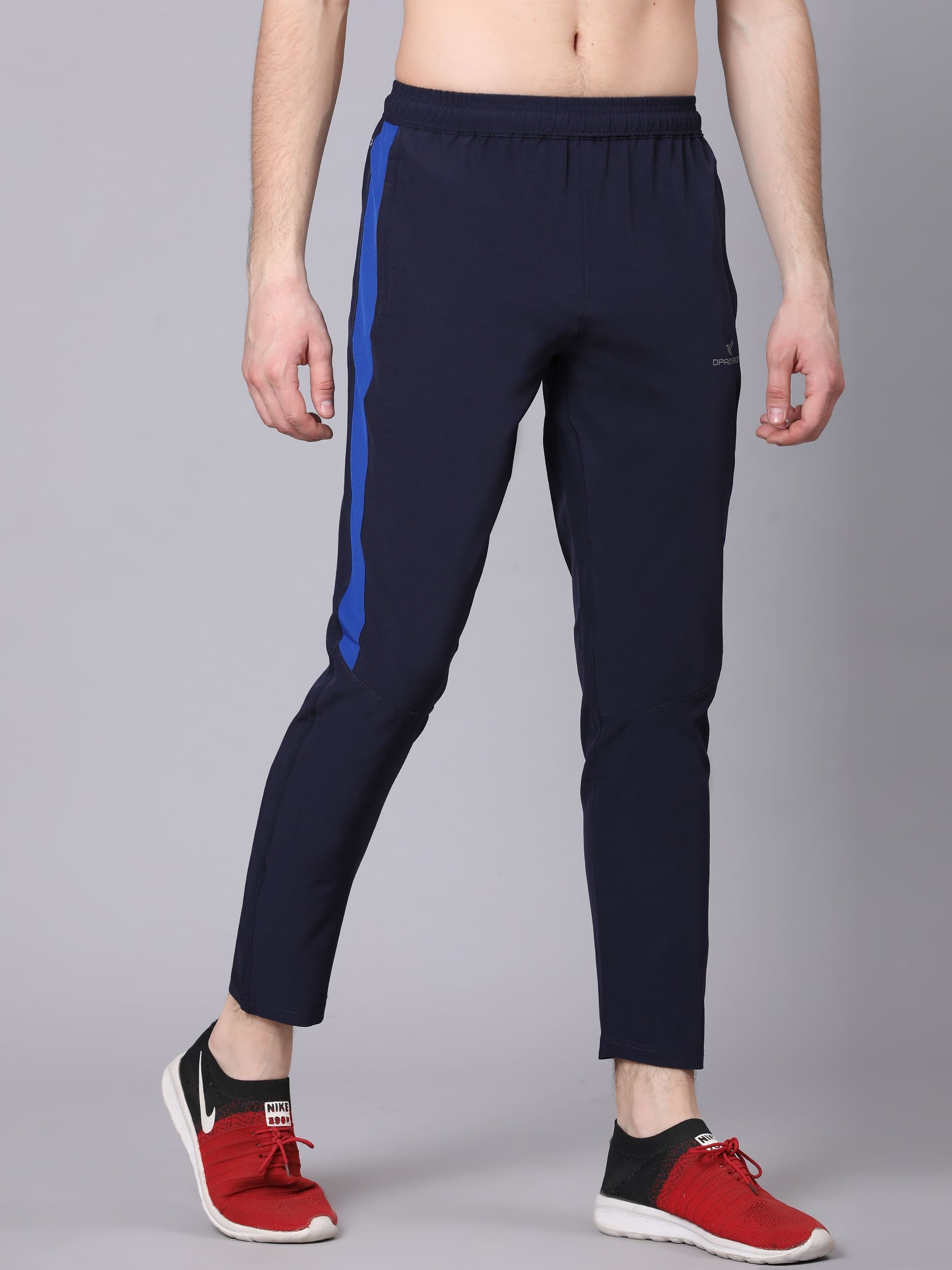 Dpassion Men Slim Fit Navy Track Pants with Blue Stripe Activewear - Dpassion