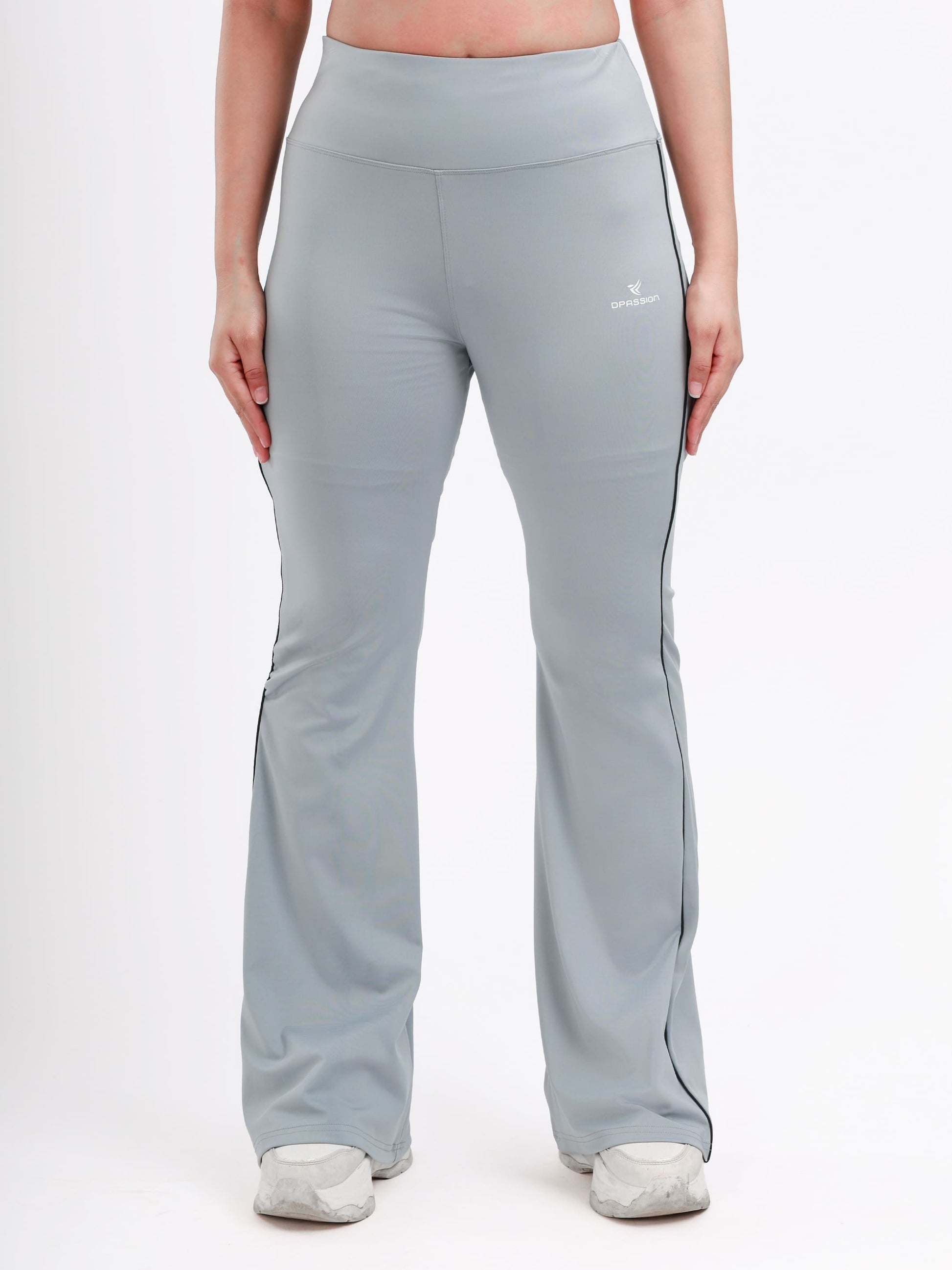 Dpassion Women’s Ice Grey Flared Performance Leggings with Contrast Piping - Dpassion