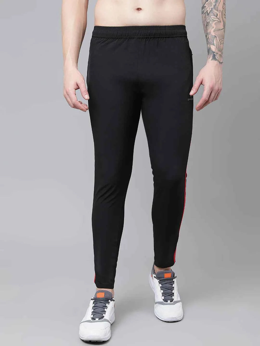 Dpassion Men Slim Fit Black Track Pants with Dual Red Stripe - Stylish Gym Wear