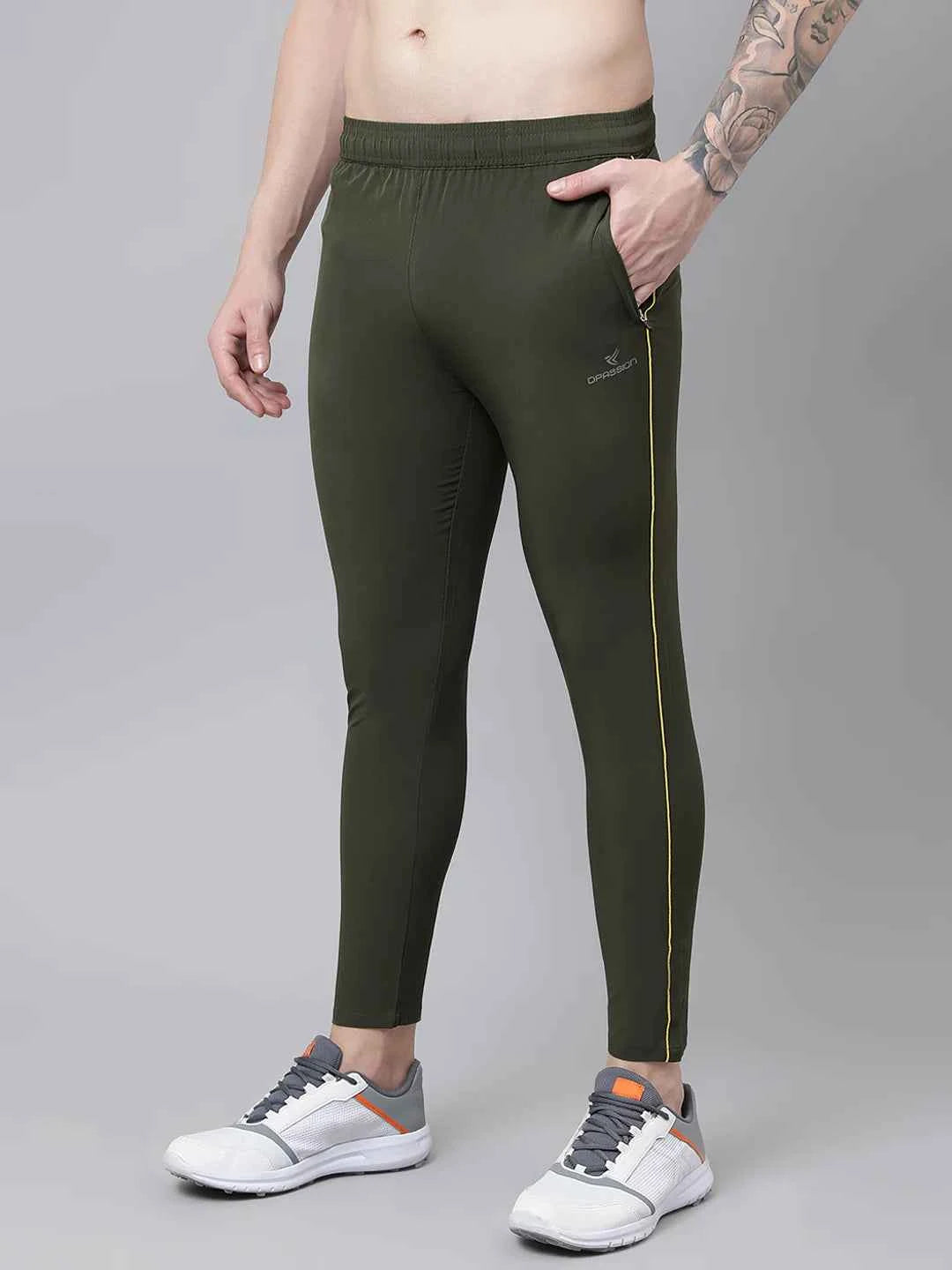 Dpassion Men Olive Compression Track Pants Slim Fit Stretch Gym Activewear