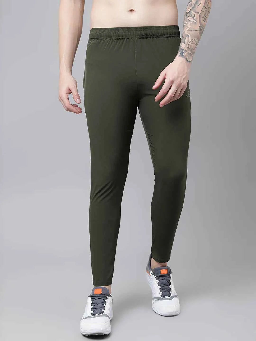Dpassion Men Olive Slim Fit Track Pants with Side Stripe Gym Activewear