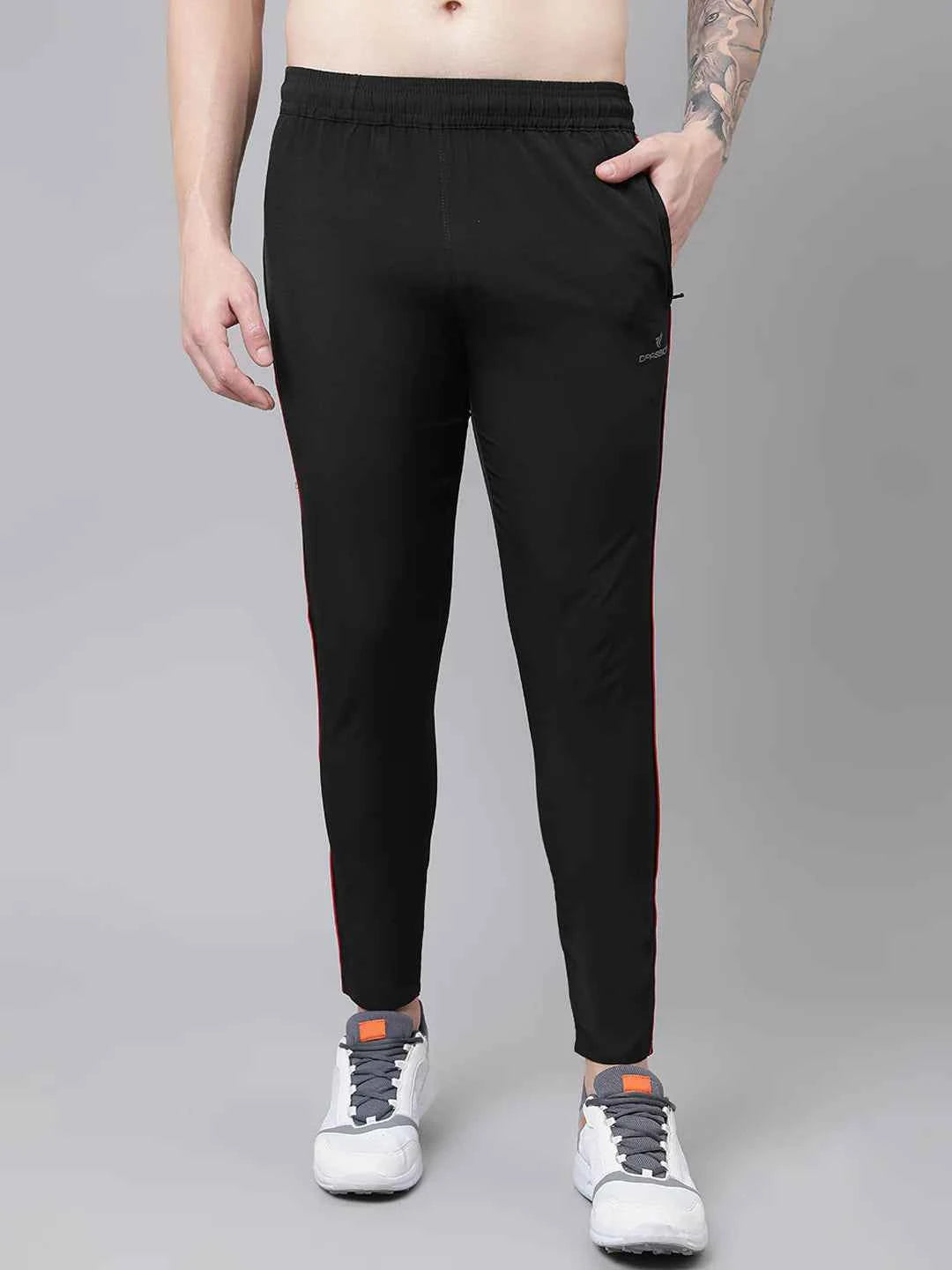 Dpassion Men Black Slim Fit Track Pants with Red Stripe Gym Activewear