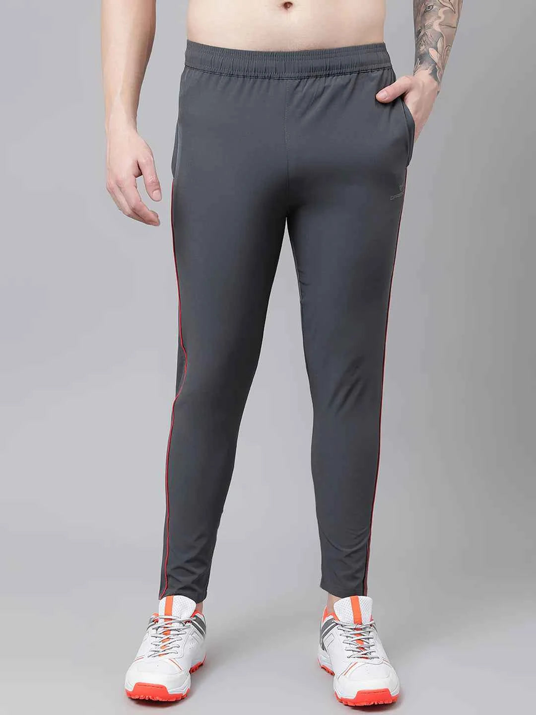Dpassion Men Grey Slim Fit Track Pants with Red Stripe Gym Wear