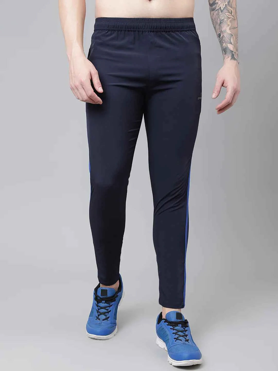 Dpassion Men Navy Slim Fit Track Pants with Blue Stripe Gym Activewear