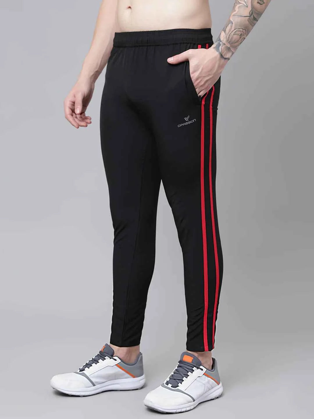 Dpassion Men Slim Fit Black Track Pants with Dual Red Stripe - Stylish Gym Wear