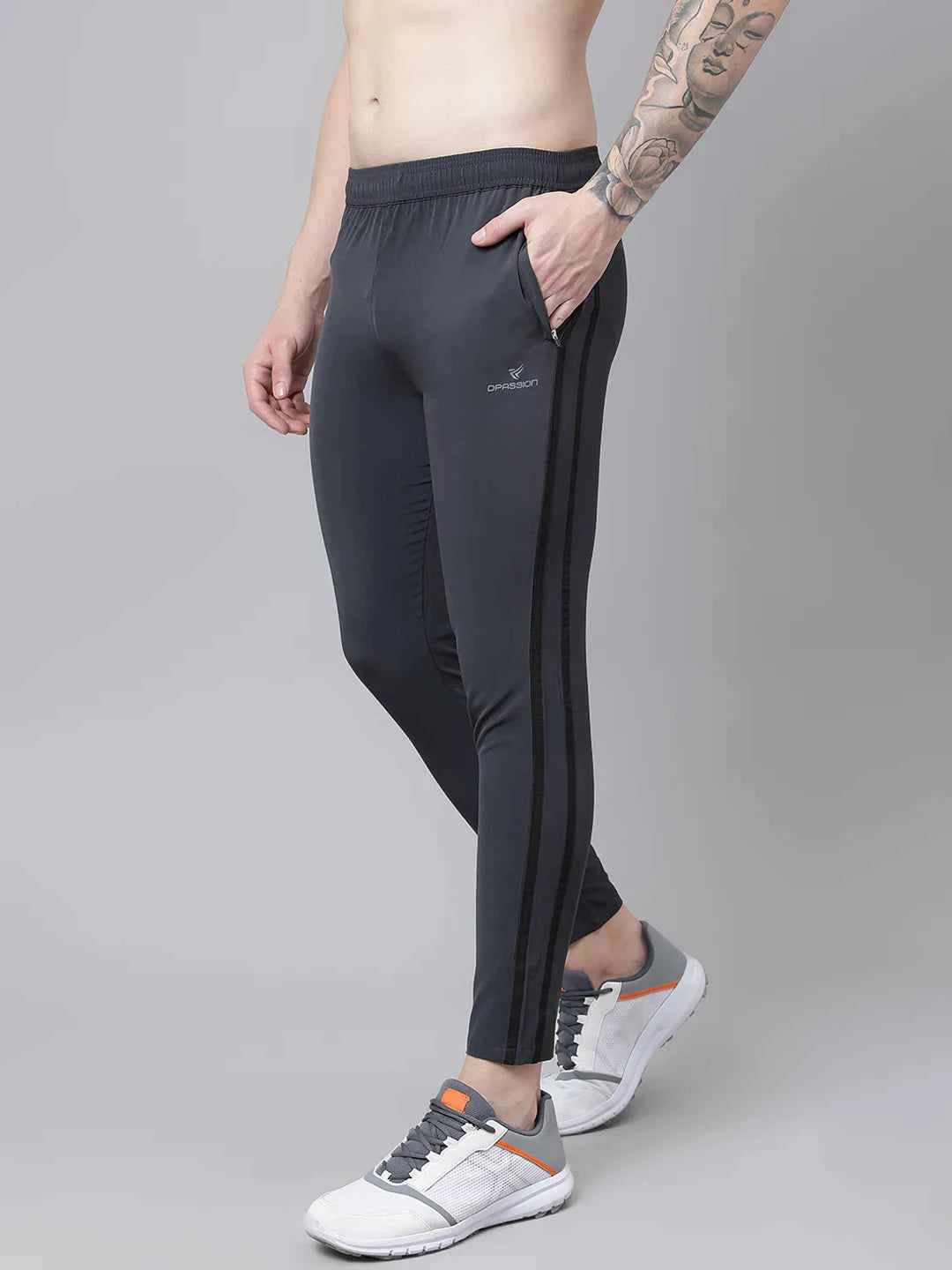 Dpassion Men Slim Fit Charcoal Track Pants with Dual Black Stripe Activewear