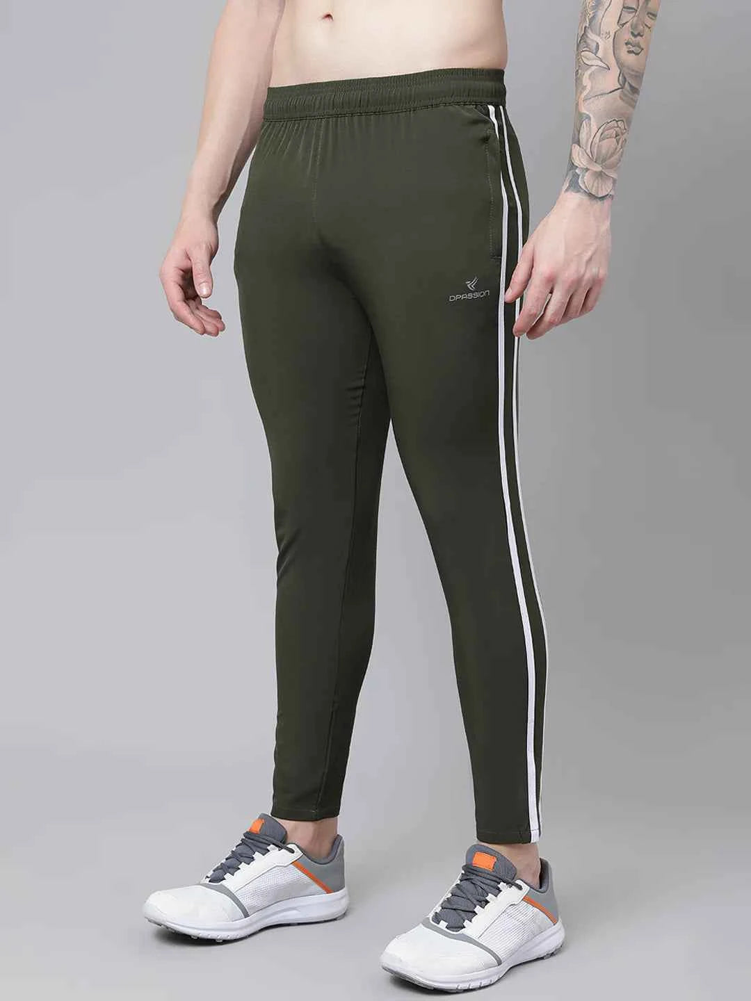 Dpassion Men Olive Slim Fit Track Pants with Side Stripe Gym Activewear