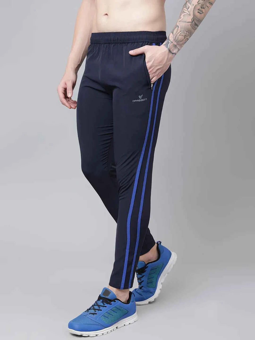 Dpassion Men Navy Slim Fit Track Pants with Blue Stripe Gym Activewear