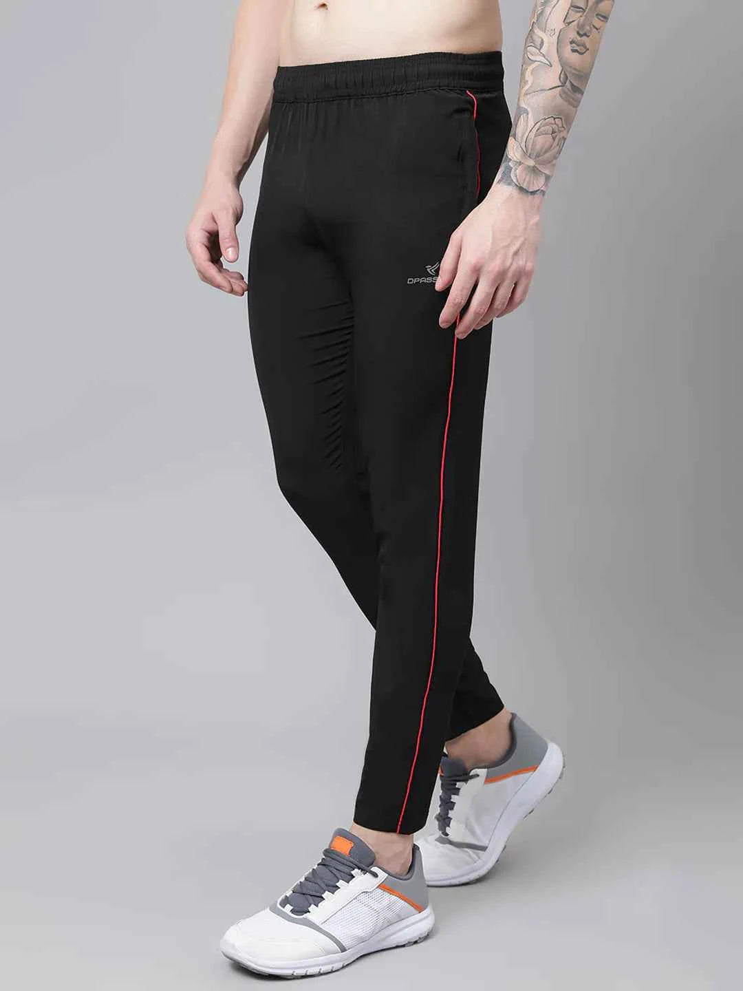 Dpassion Men Black Slim Fit Track Pants with Red Stripe Gym Activewear