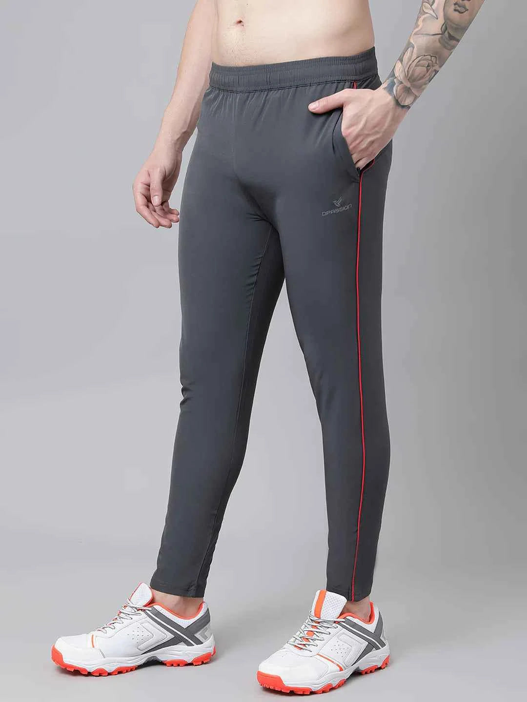 Dpassion Men Grey Slim Fit Track Pants with Red Stripe Gym Wear