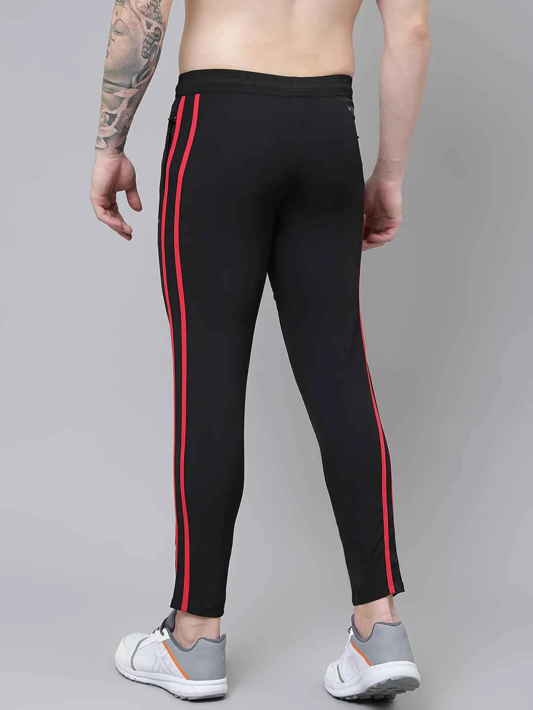 Dpassion Men Slim Fit Black Track Pants with Dual Red Stripe - Stylish Gym Wear