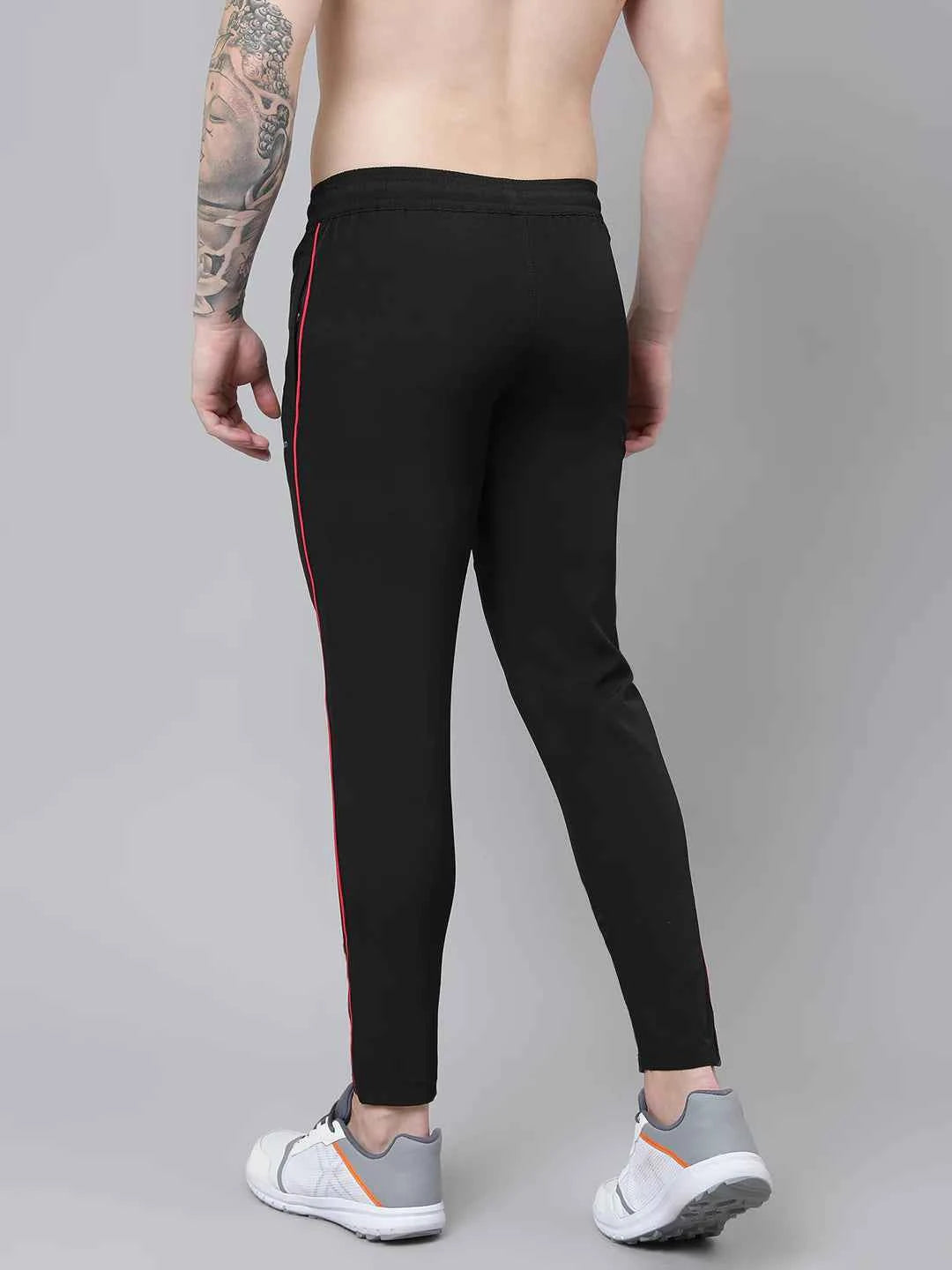 Dpassion Men Black Slim Fit Track Pants with Red Stripe Gym Activewear