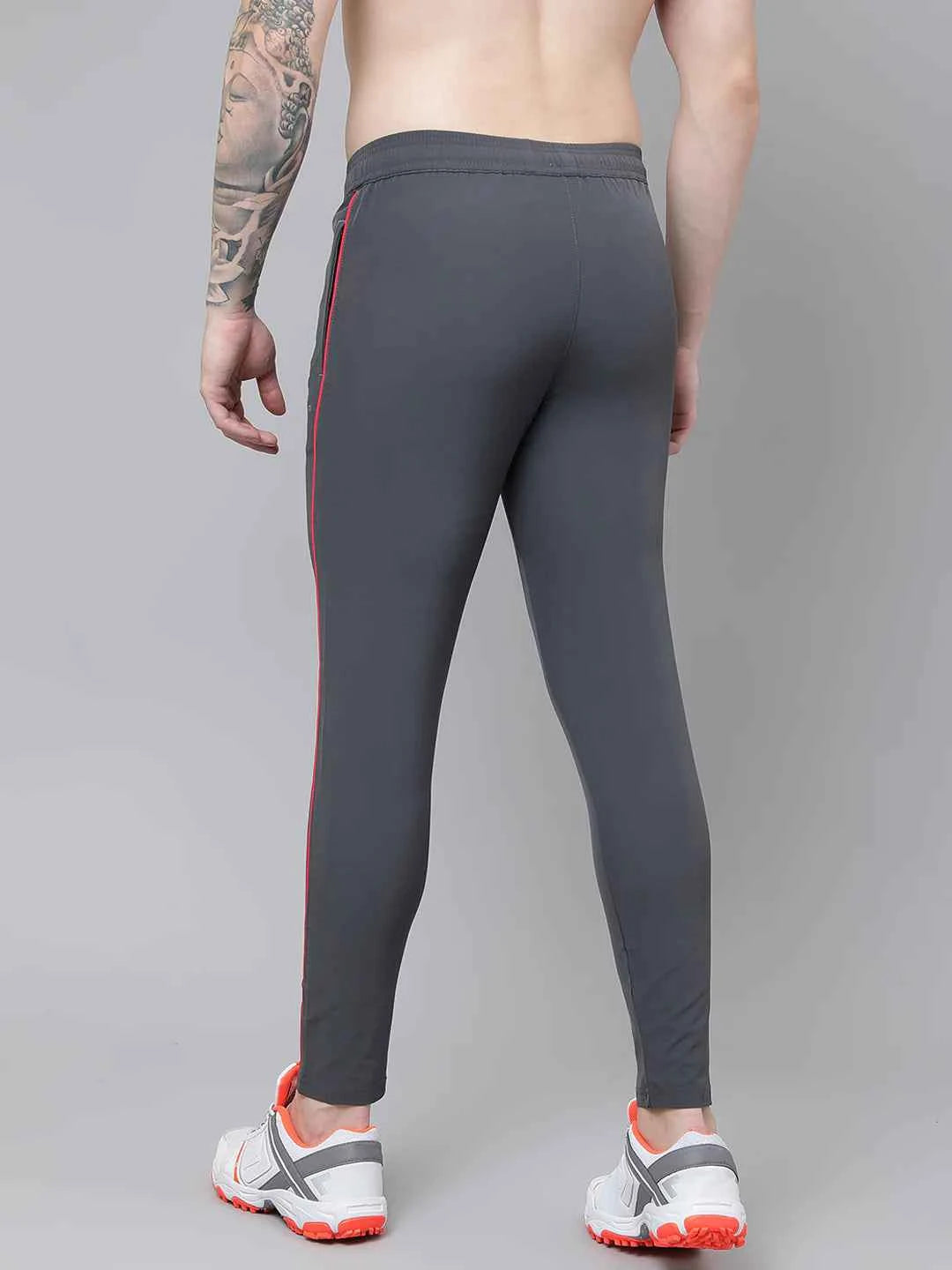 Dpassion Men Grey Slim Fit Track Pants with Red Stripe Gym Wear