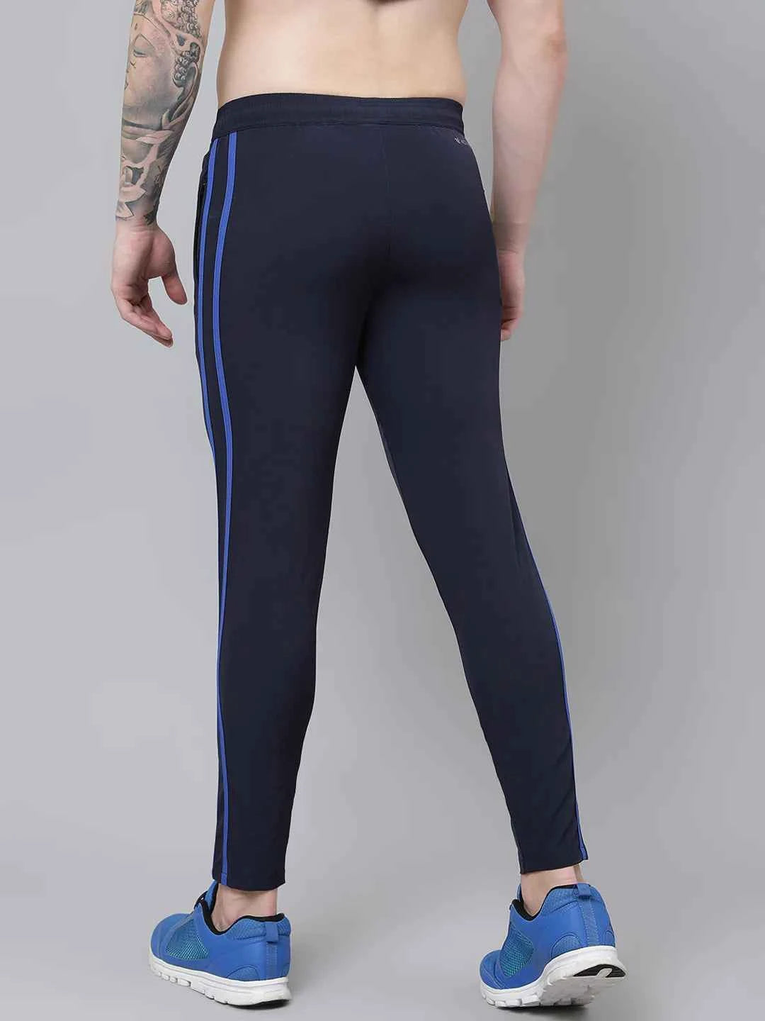 Dpassion Men Navy Slim Fit Track Pants with Blue Stripe Gym Activewear
