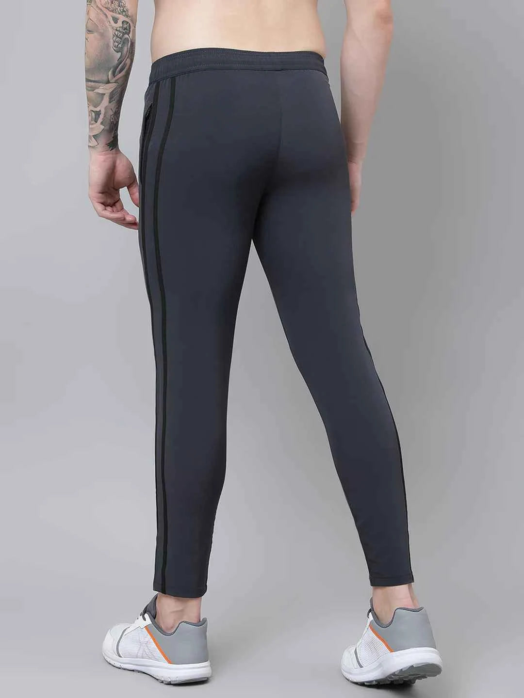 Dpassion Men Slim Fit Charcoal Track Pants with Dual Black Stripe Activewear