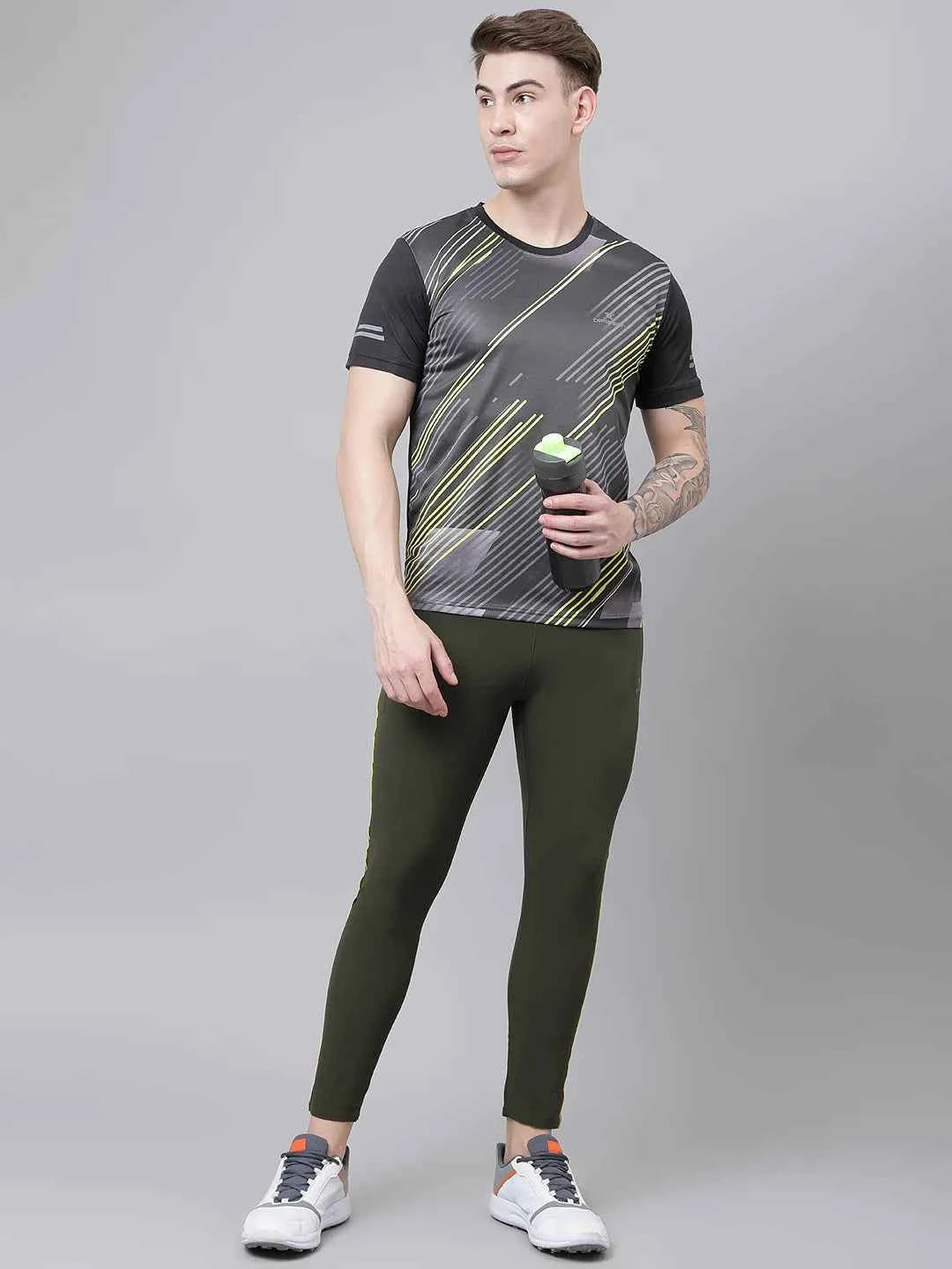 Dpassion Men Olive Compression Track Pants Slim Fit Stretch Gym Activewear
