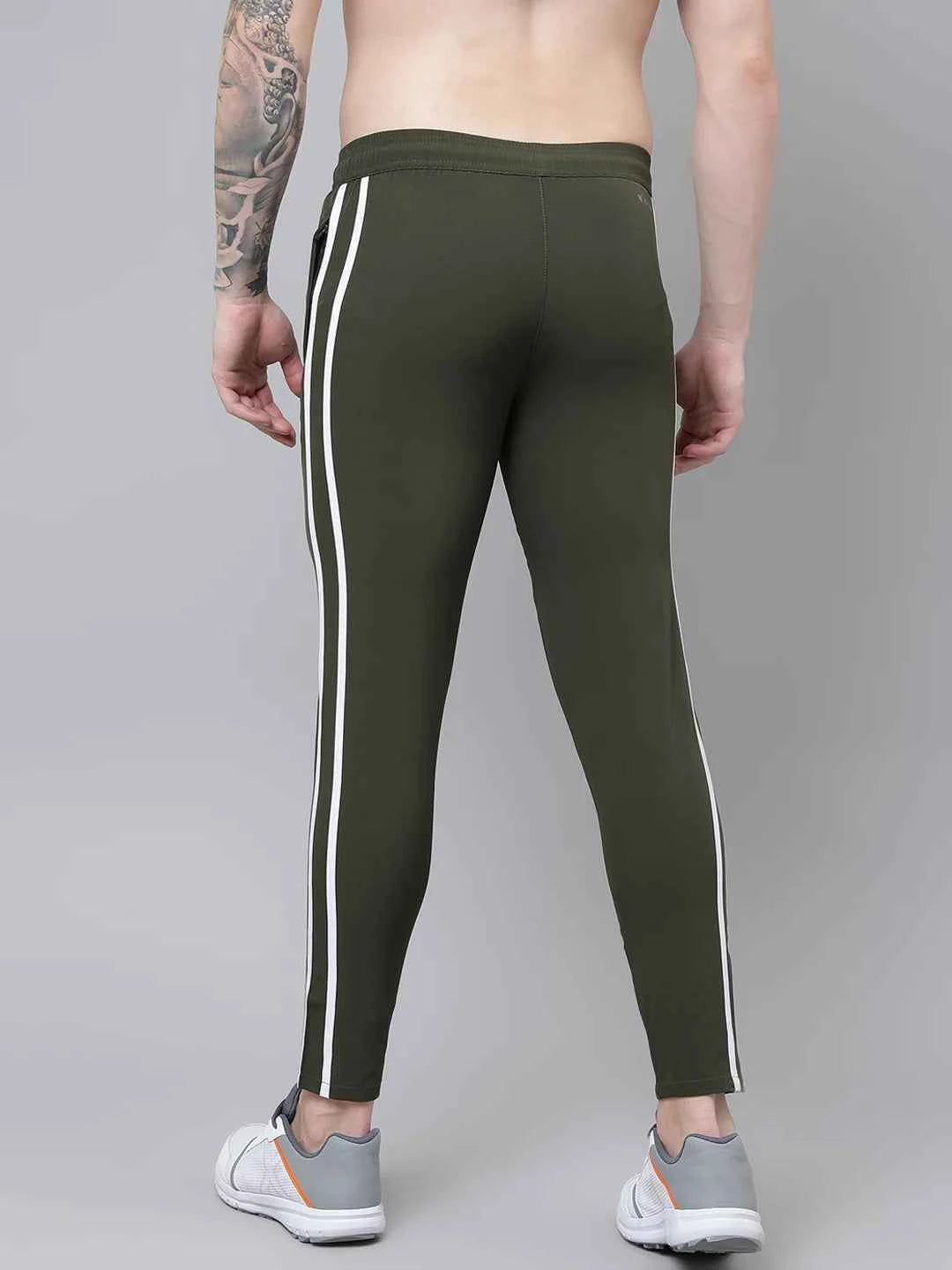 Dpassion Men Olive Slim Fit Track Pants with Side Stripe Gym Activewear