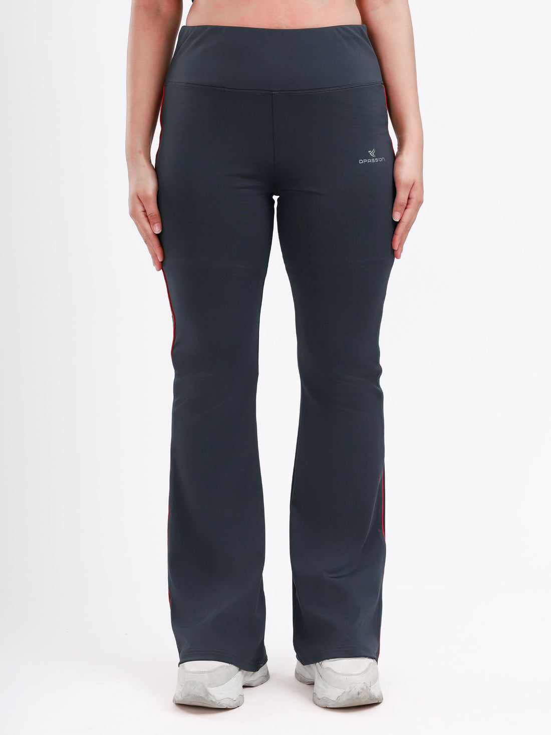 Dpassion Women’s Charcoal Grey Flared Performance Leggings with Red Piping - Dpassion
