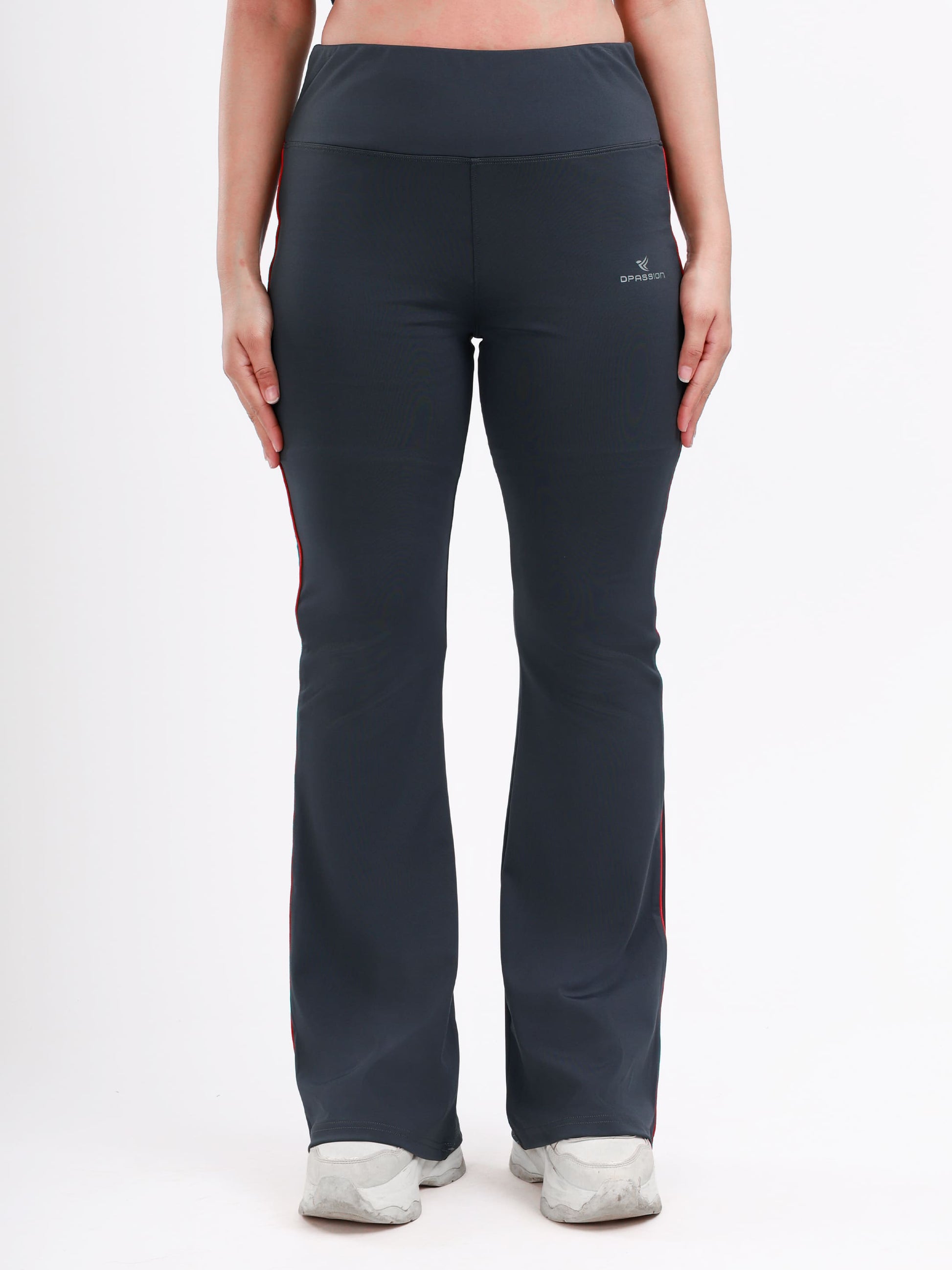 Dpassion Women’s Charcoal Grey Flared Performance Leggings with Red Piping - Dpassion