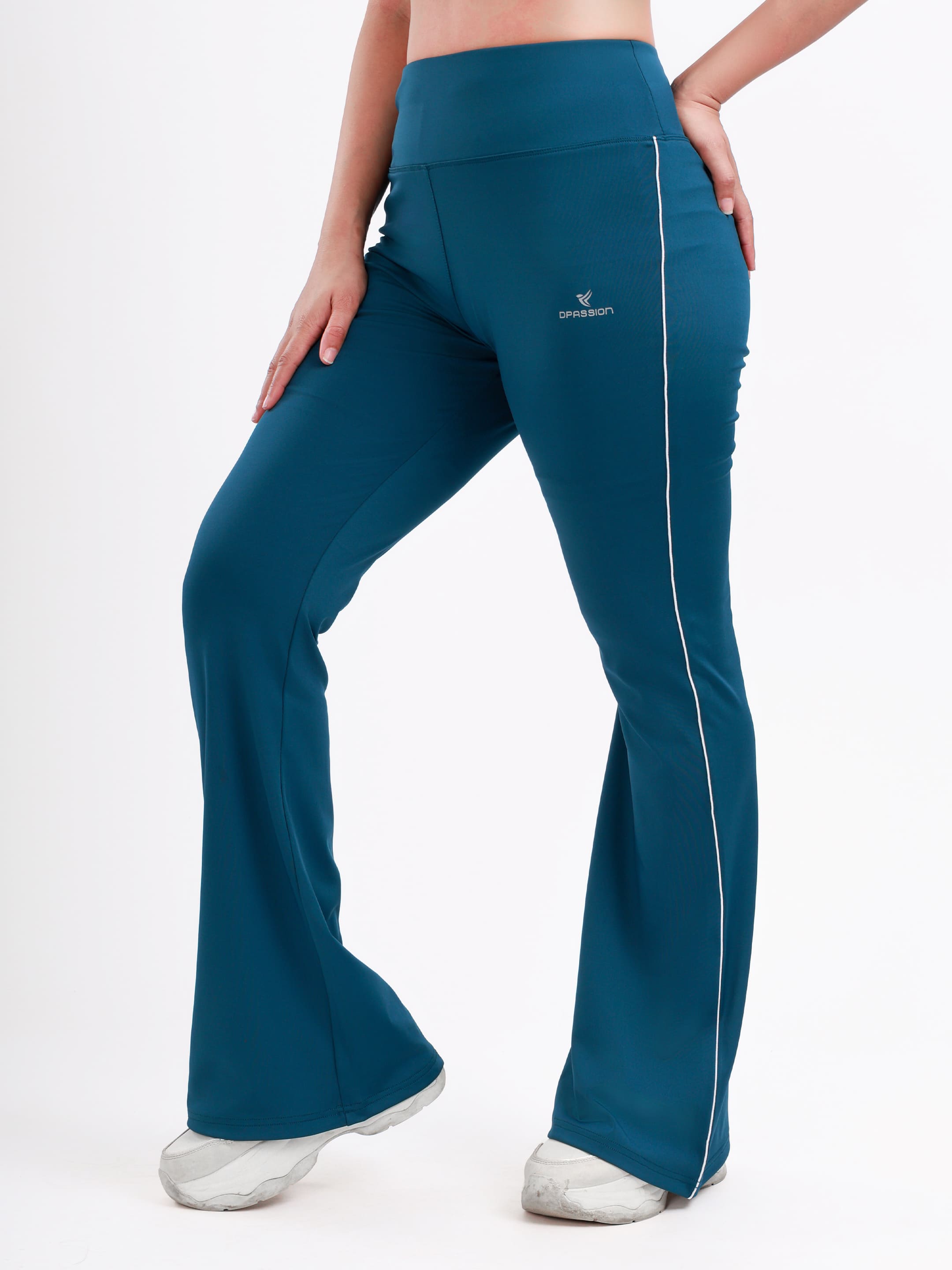 Dpassion Women’s Teal Flared Performance Leggings with Contrast Piping