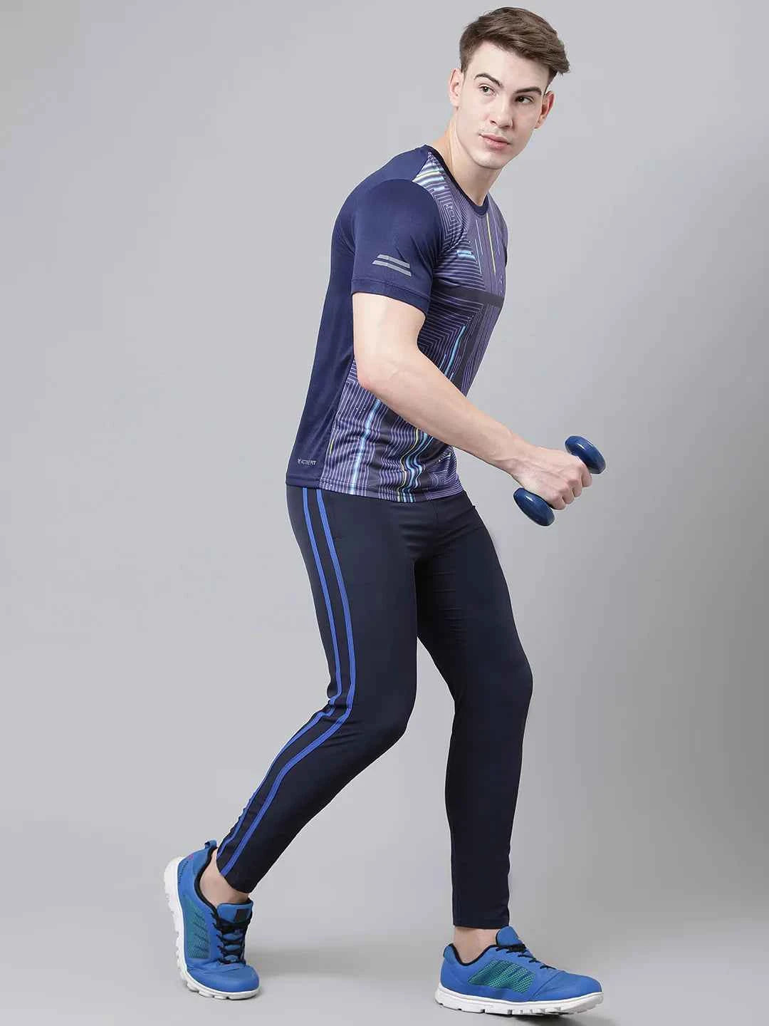Dpassion Men Navy Slim Fit Track Pants with Blue Stripe Gym Activewear