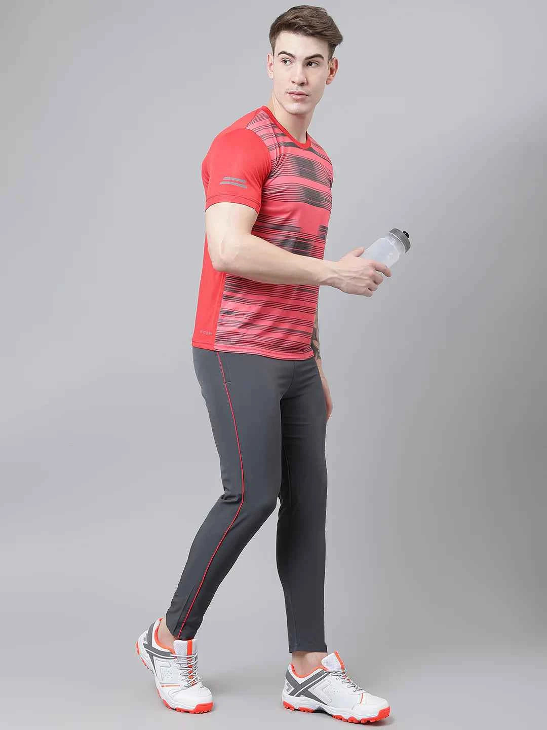 Dpassion Men Grey Slim Fit Track Pants with Red Stripe Gym Wear