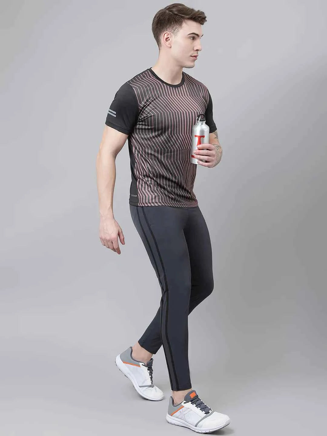 Dpassion Men Slim Fit Charcoal Track Pants with Dual Black Stripe Activewear