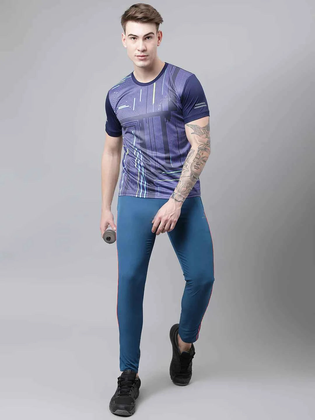 Dpassion Men Blue Slim Fit Track Pants with Contrast Stripe Gym Activewear