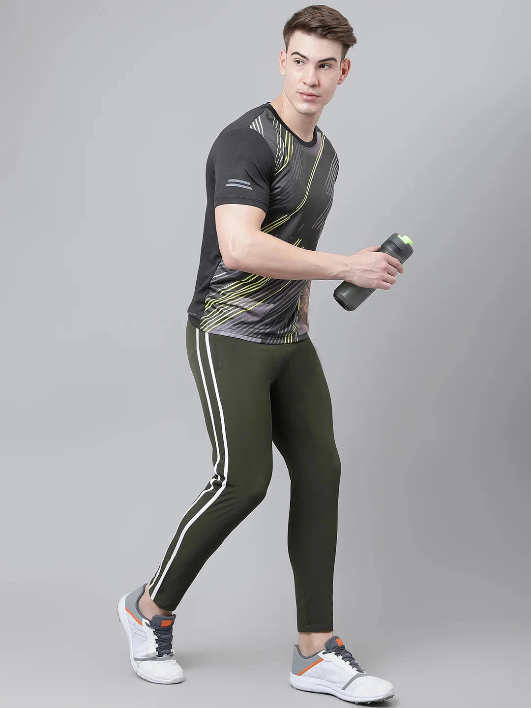 Dpassion Men Olive Slim Fit Track Pants with Side Stripe Gym Activewear