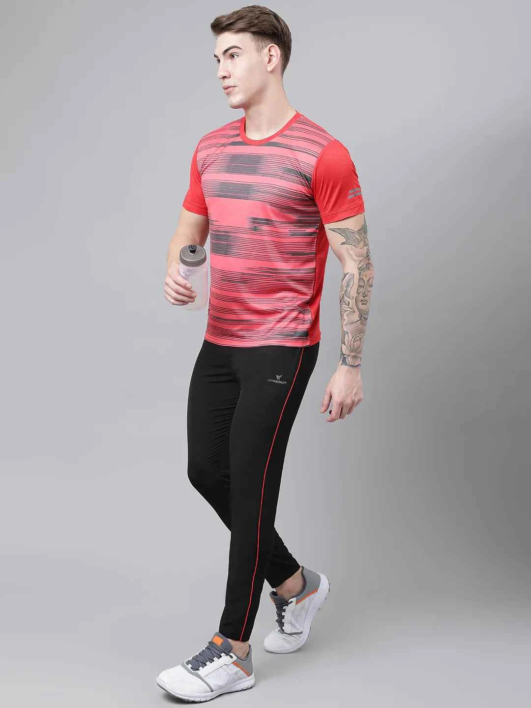 Dpassion Men Black Slim Fit Track Pants with Red Stripe Gym Activewear