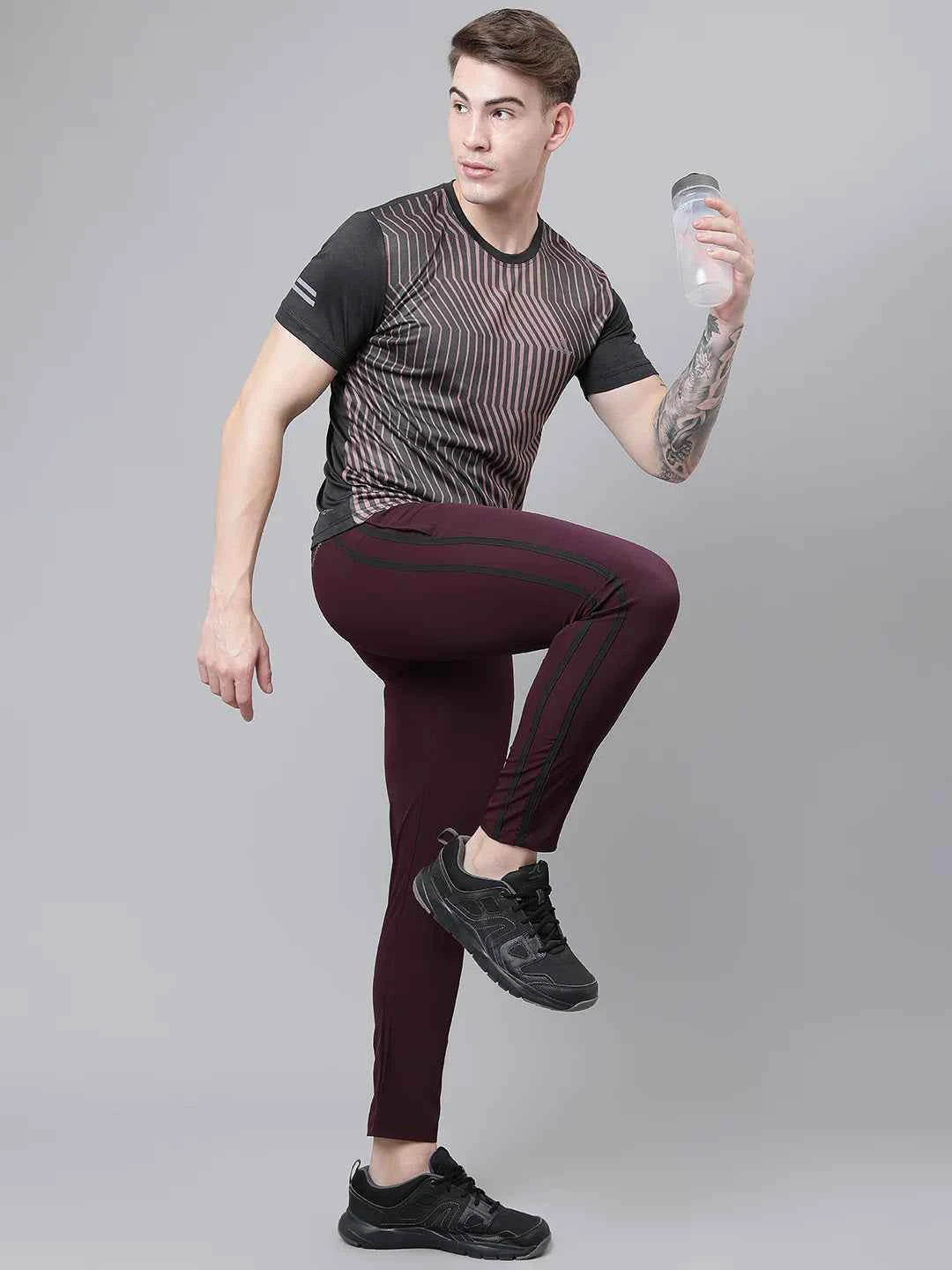 Dpassion Men Slim Fit Maroon Track Pants with Side Stripes Gym Activewear