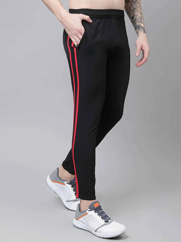 Dpassion Men Slim Fit Black Track Pants with Dual Red Stripe - Stylish Gym Wear