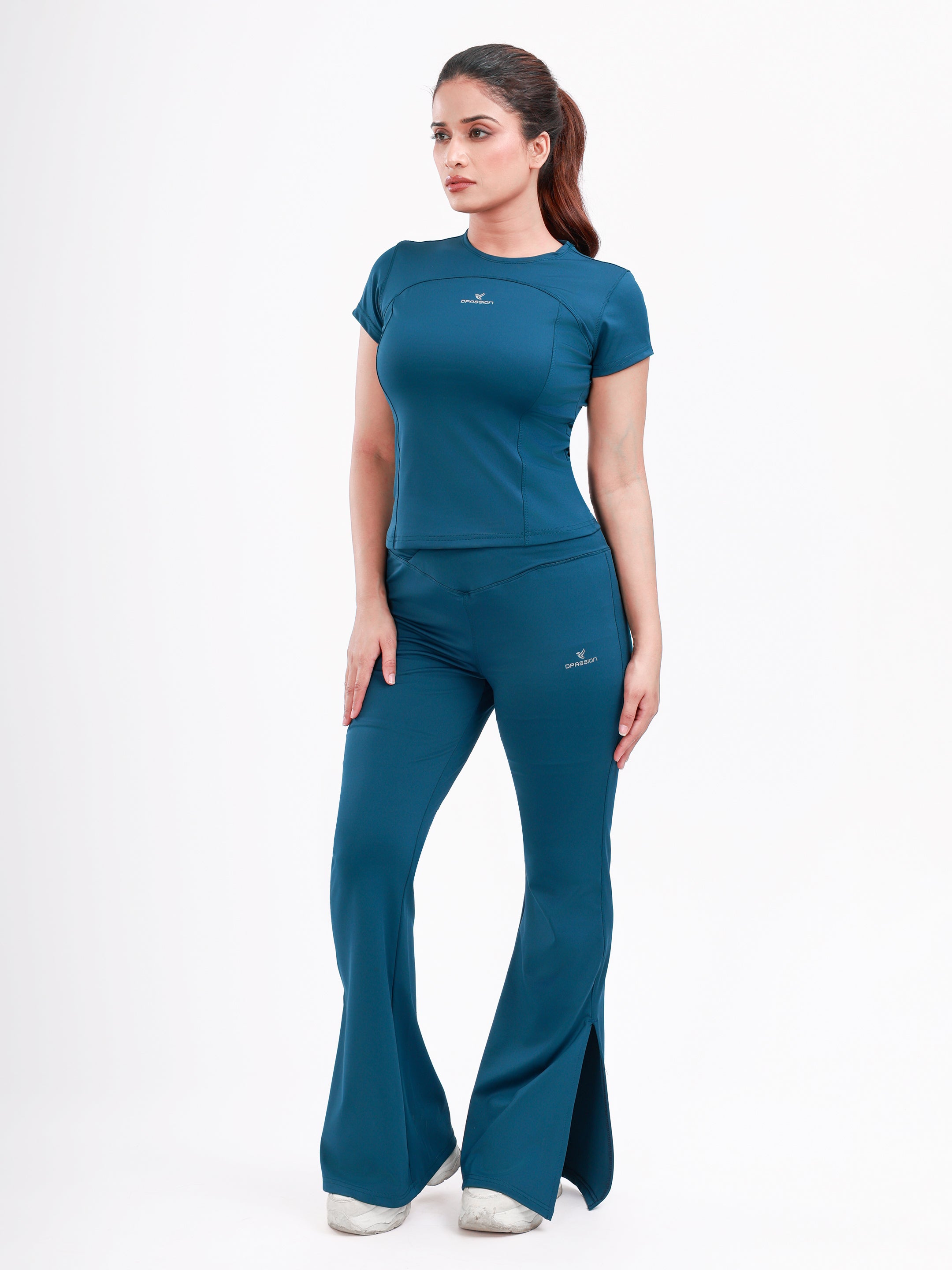 Dpassion Women SculptFit Flared Activewear Set Teal Performance Gym Wear