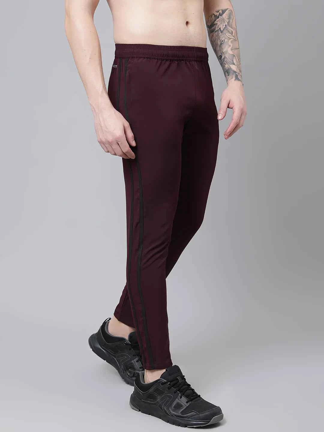 Dpassion Men Slim Fit Maroon Track Pants with Side Stripes Gym Activewear