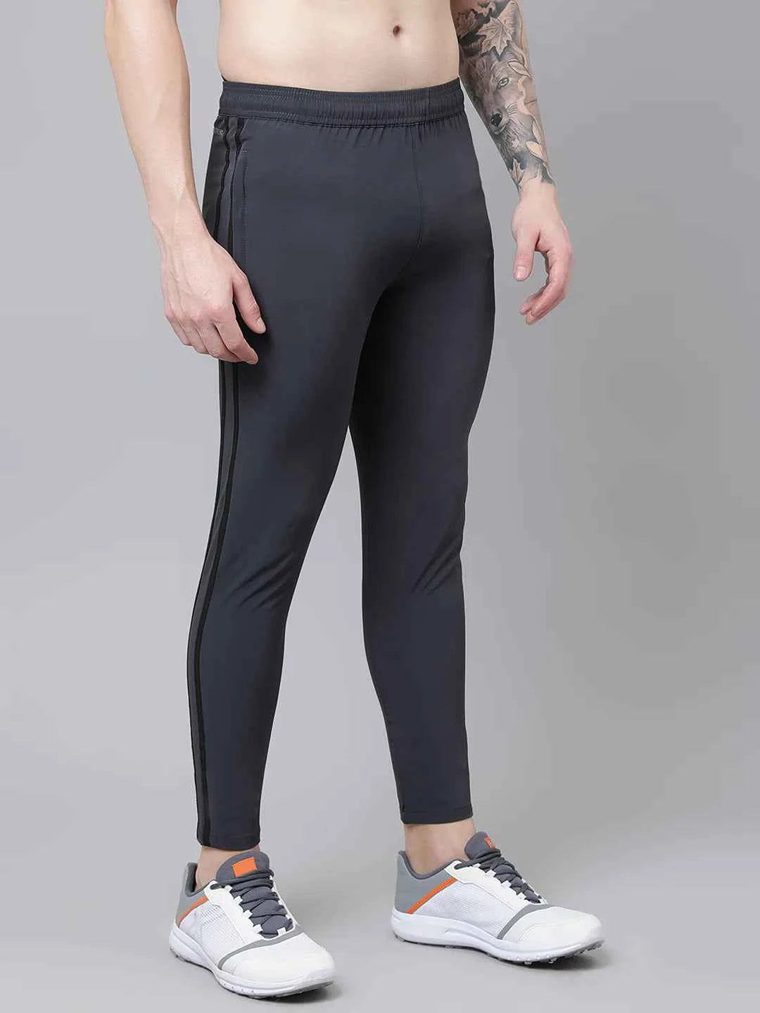 Dpassion Men Slim Fit Charcoal Track Pants with Dual Black Stripe Activewear