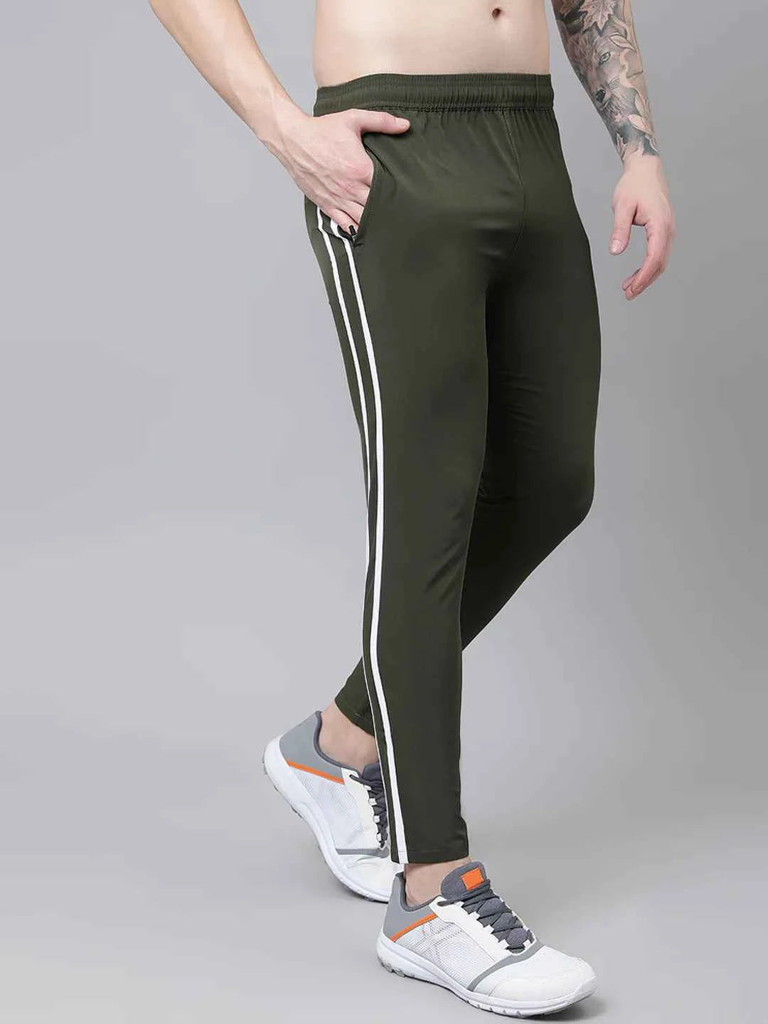 Dpassion Men Olive Slim Fit Track Pants with Side Stripe Gym Activewear