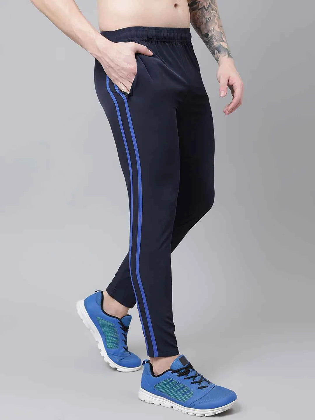 Dpassion Men Navy Slim Fit Track Pants with Blue Stripe Gym Activewear