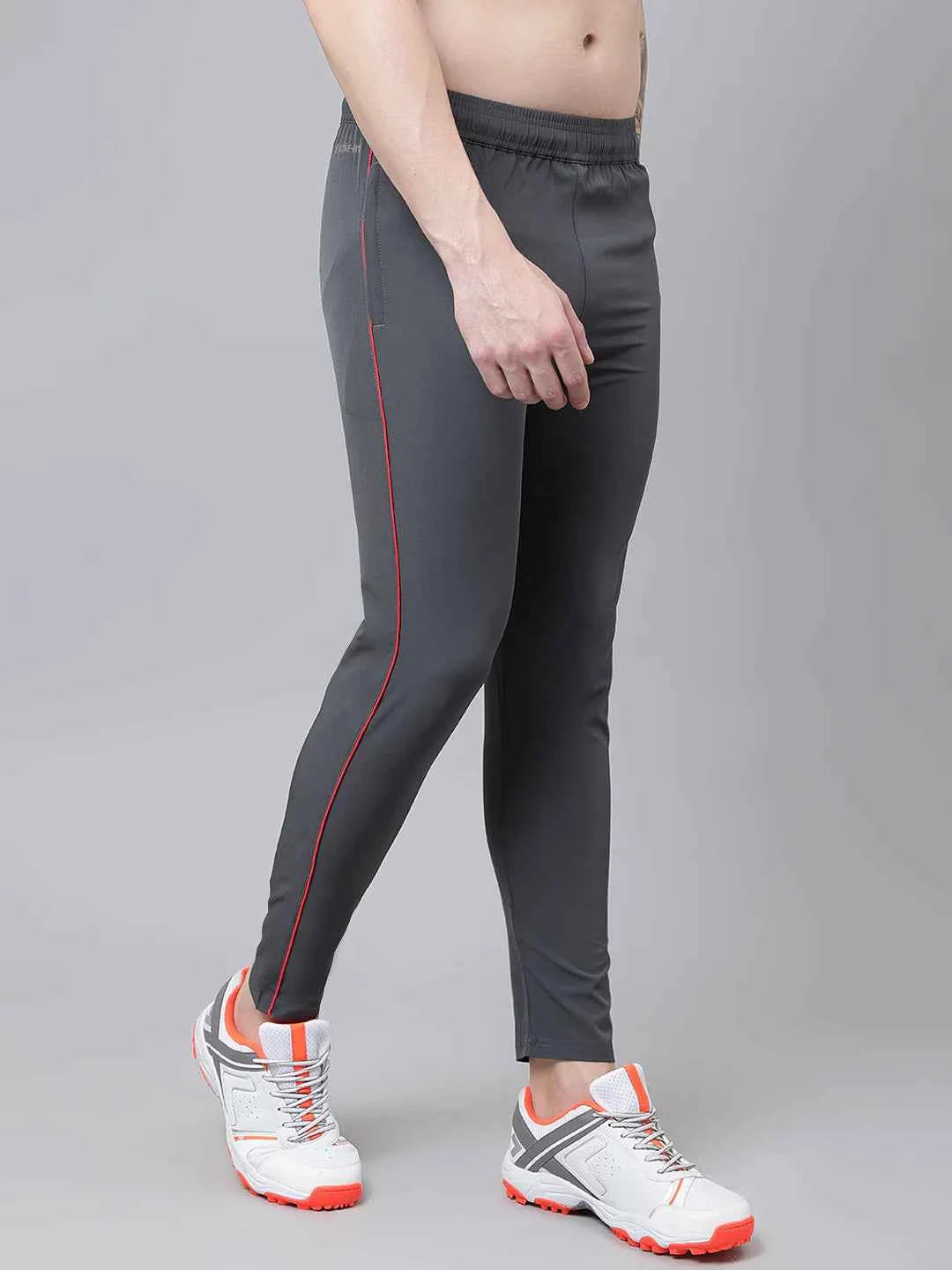 Dpassion Men Grey Slim Fit Track Pants with Red Stripe Gym Wear