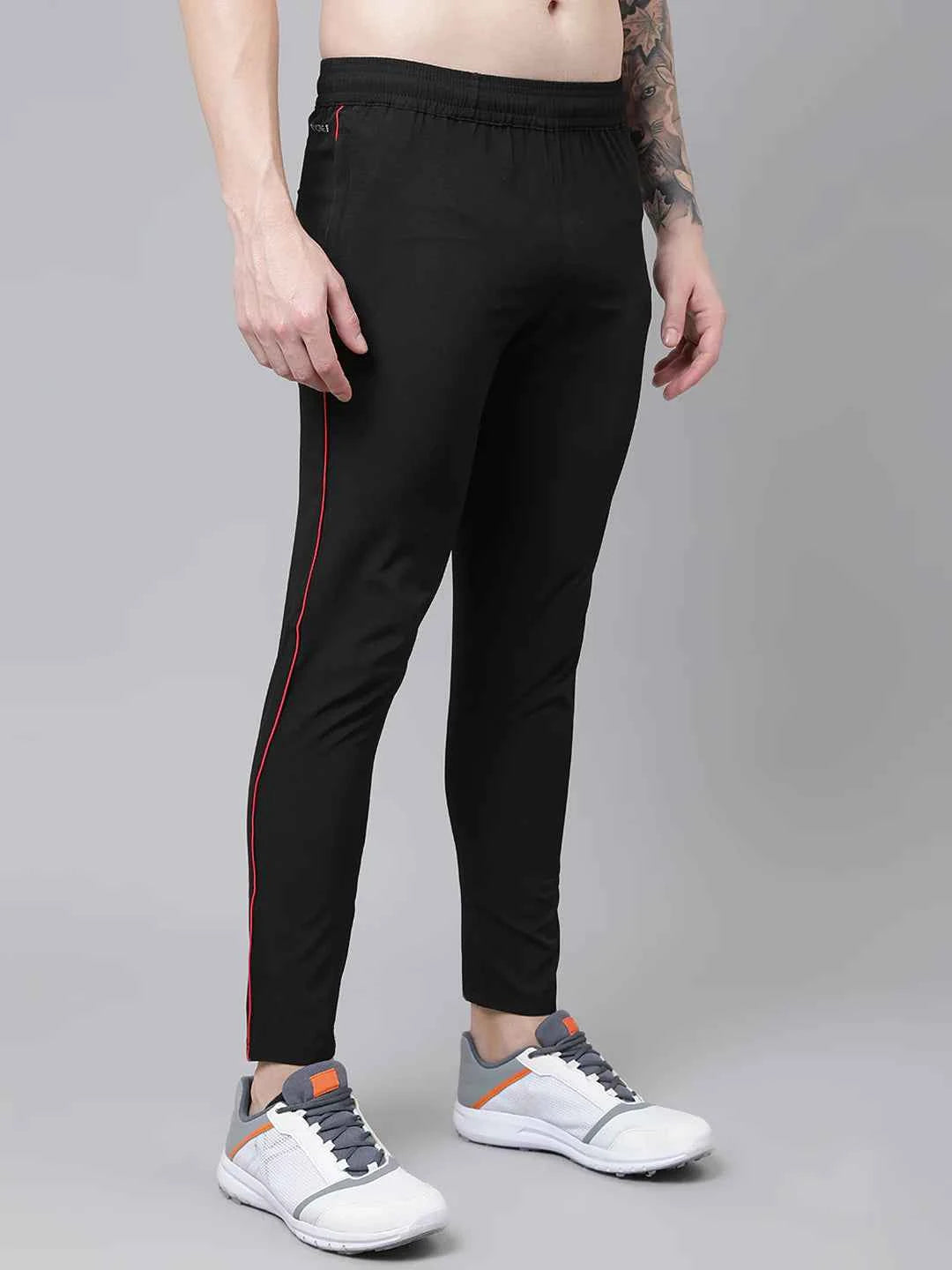 Dpassion Men Black Slim Fit Track Pants with Red Stripe Gym Activewear